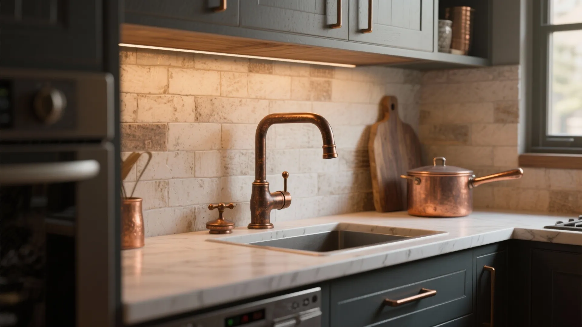 Rustic copper kitchen faucet on marble countertop with dark green cabinets and white brick wall