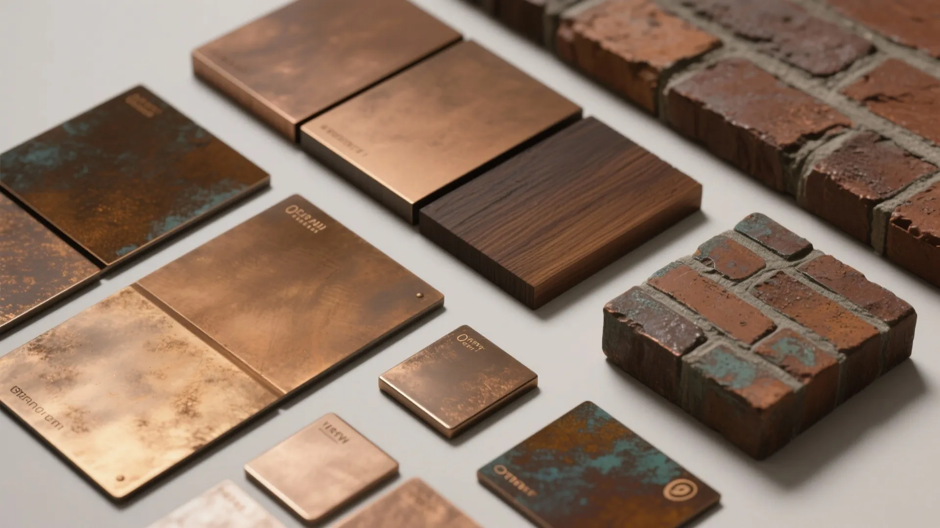 Flatlay of interior design material samples including bronze metal tiles wood and red brick pieces