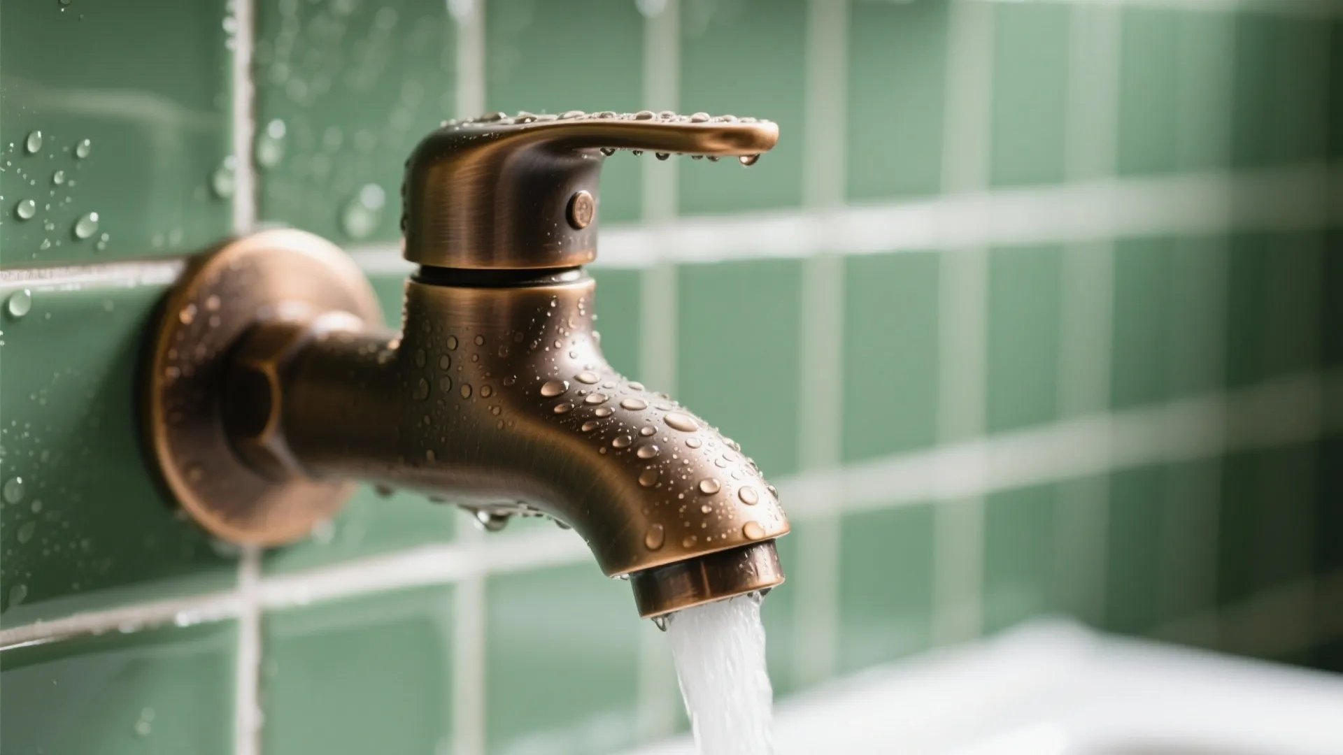 Close up of bronze water tap with flowing water against a green tile wall background