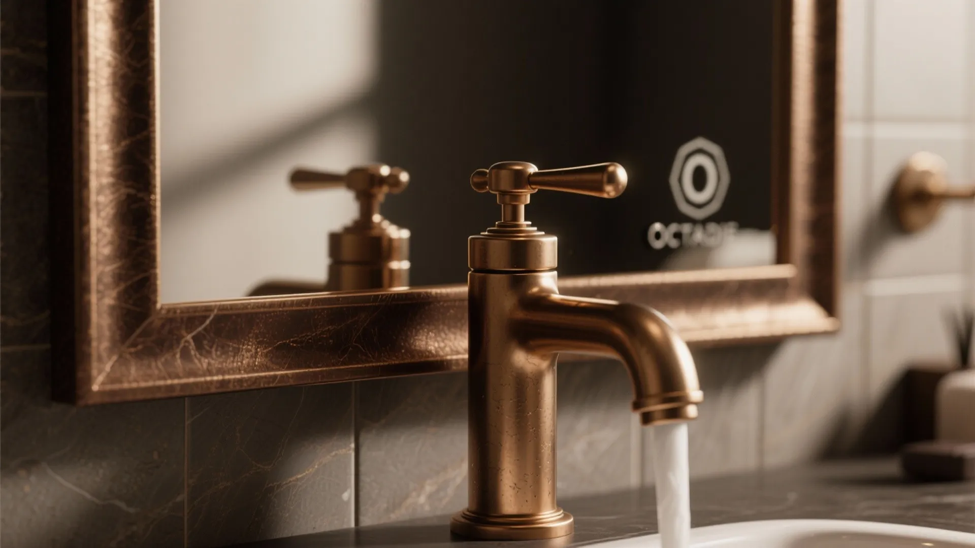Close up of a classic gold water tap with flowing water in front of mirror frame