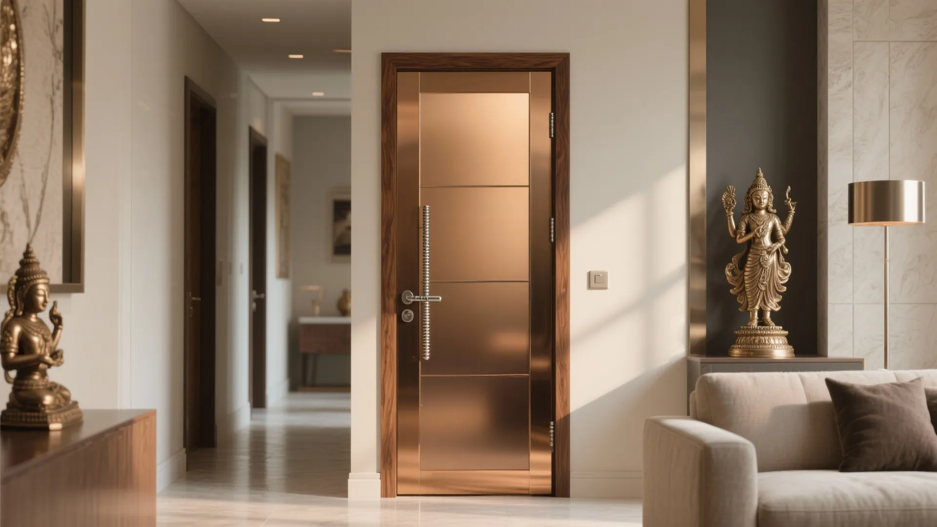 5) Bronze-tinted glass with warm wood stiles