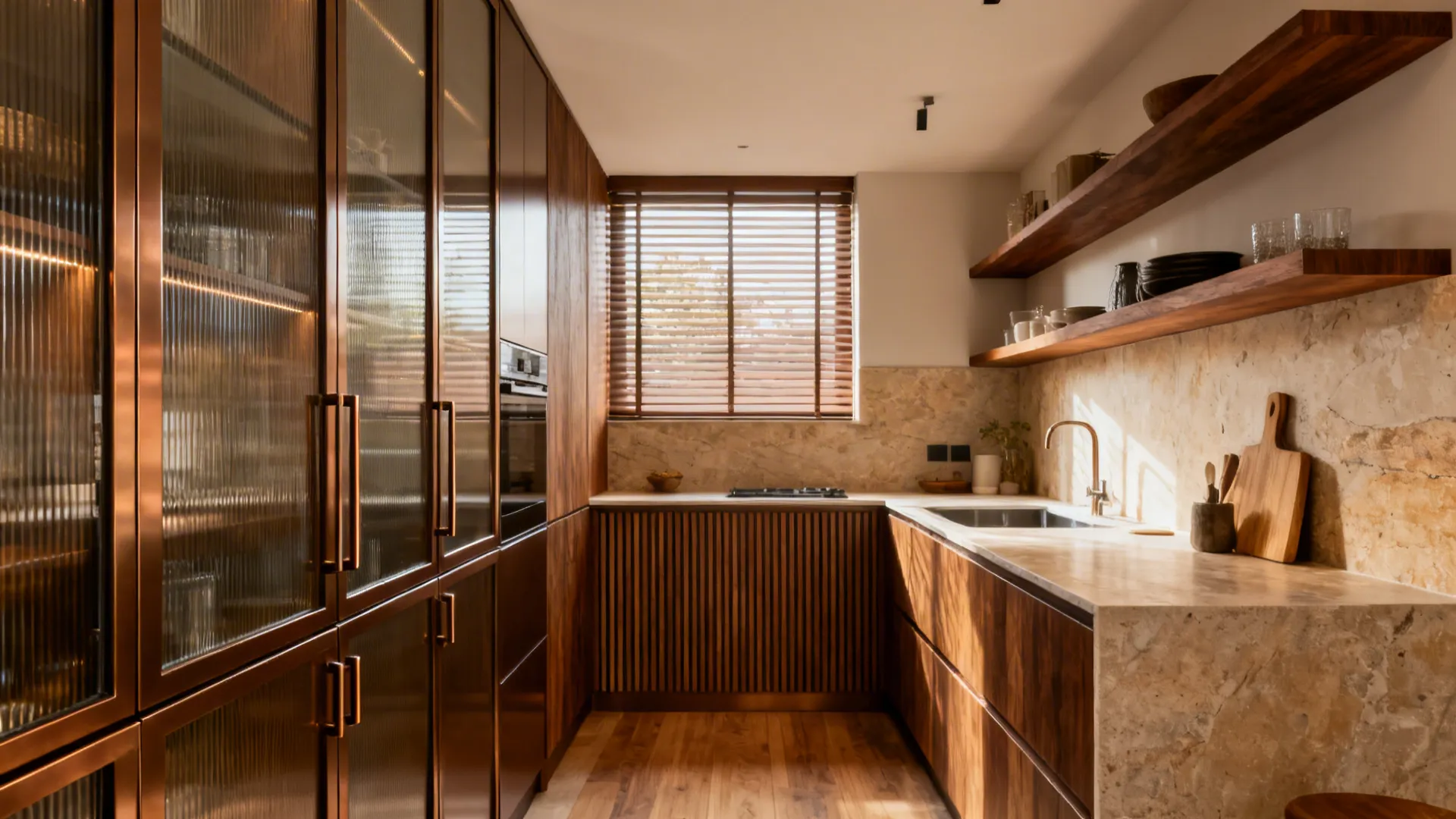 Luxury kitchen featuring bronze glass cabinets dark wood storage wooden shelves and a stone counter