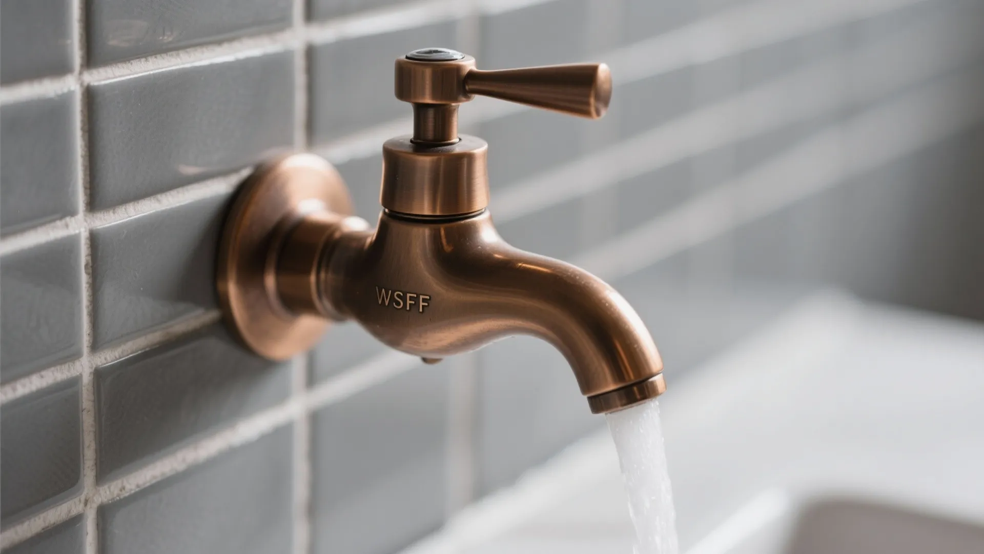 Close up view of a bronze water tap with flowing water against grey wall tiles background