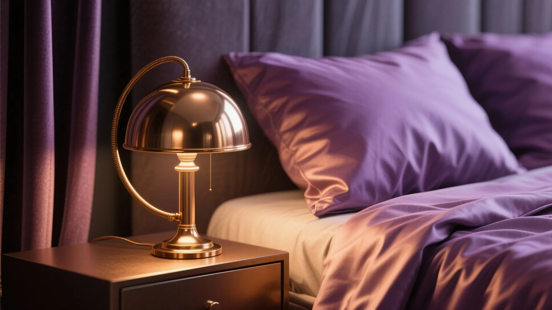 Bronze bedside lamp with mauve bedspread under warm light
