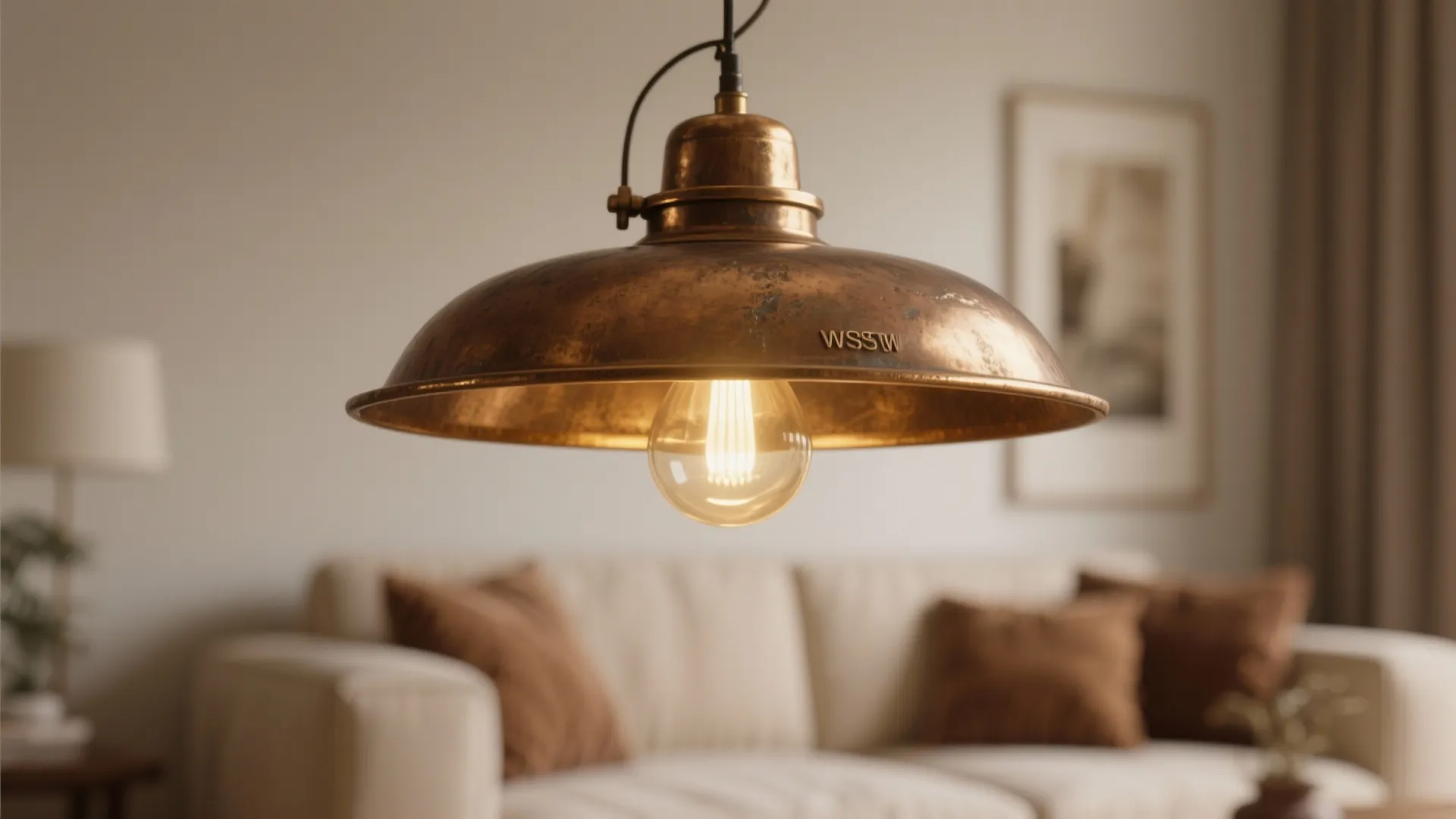 Bronze metal ceiling light with warm light bulb hanging in front of blurry living room sofa