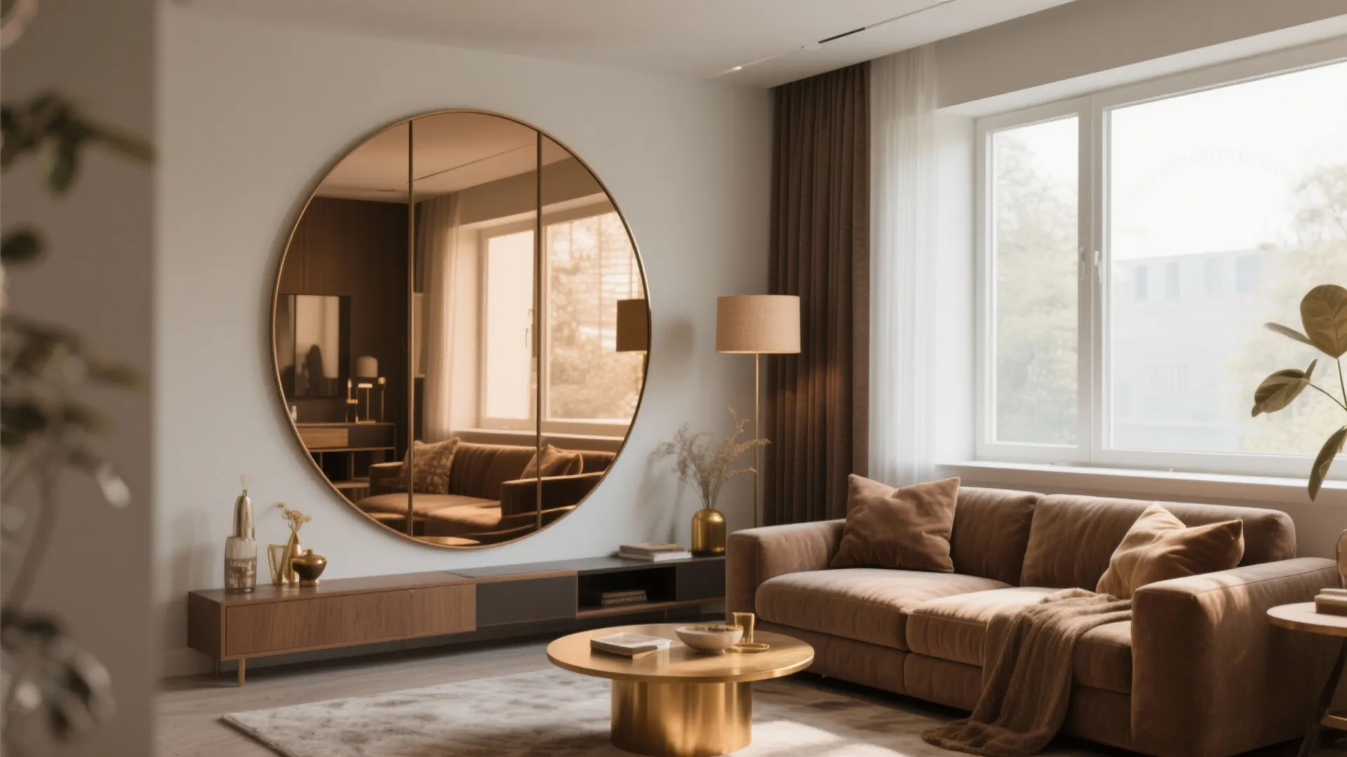 Oversized bronze mirror reflecting light in brown-gold living room