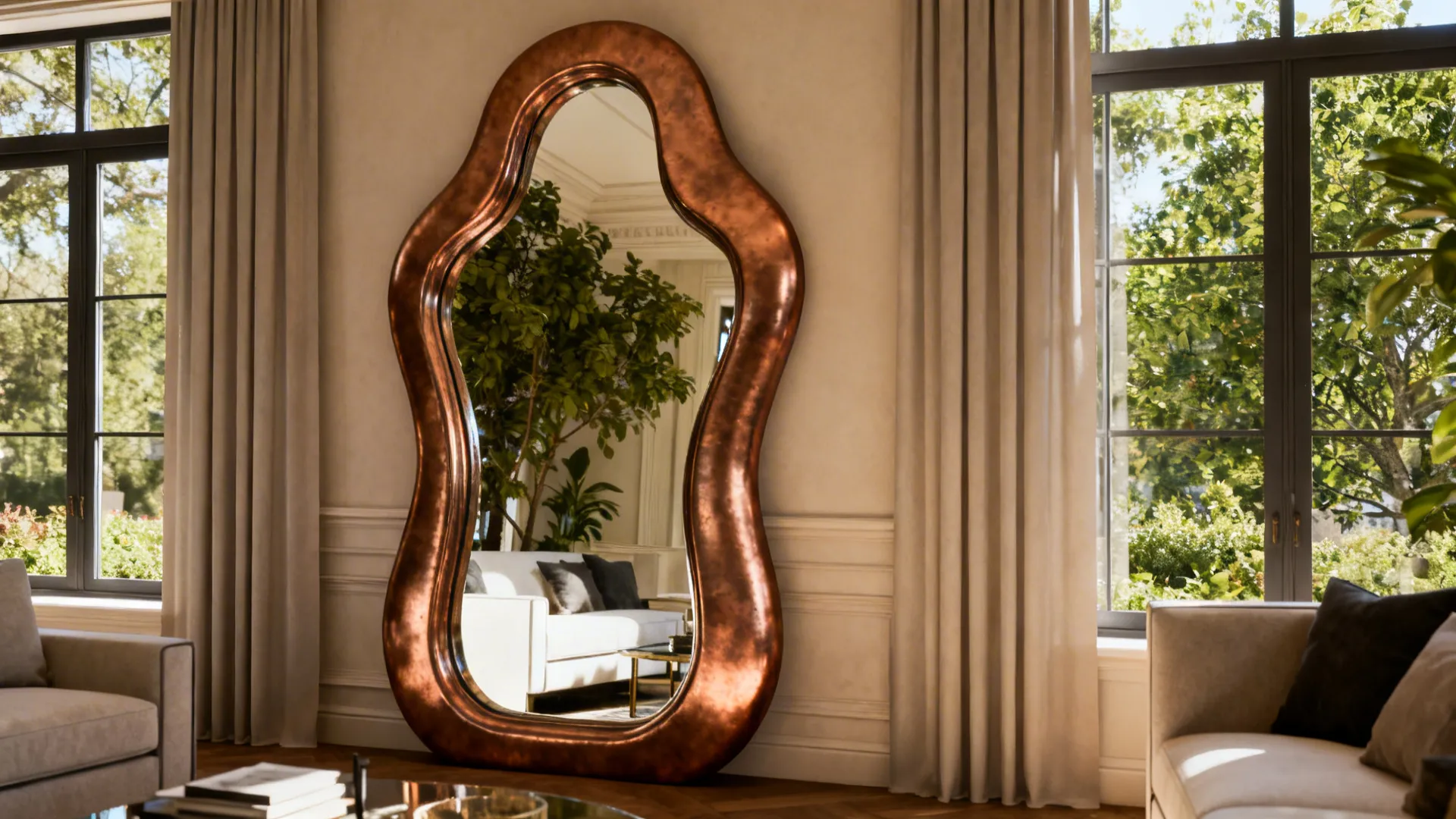 Large irregular bronze mirror standing in a bright living room with white sofa and windows