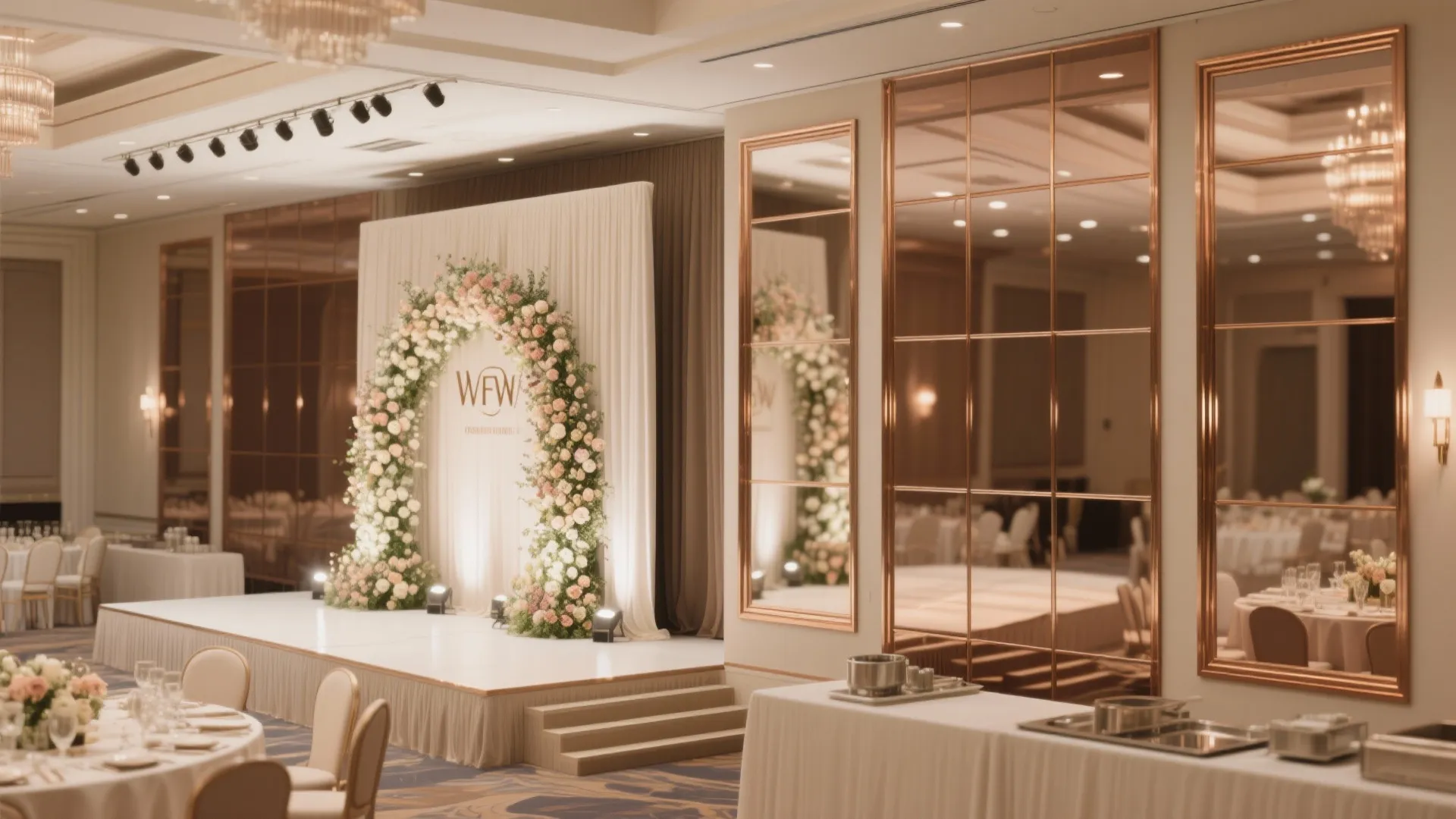 Event hall interior design with flower arch on stage and large bronze mirrors on wall