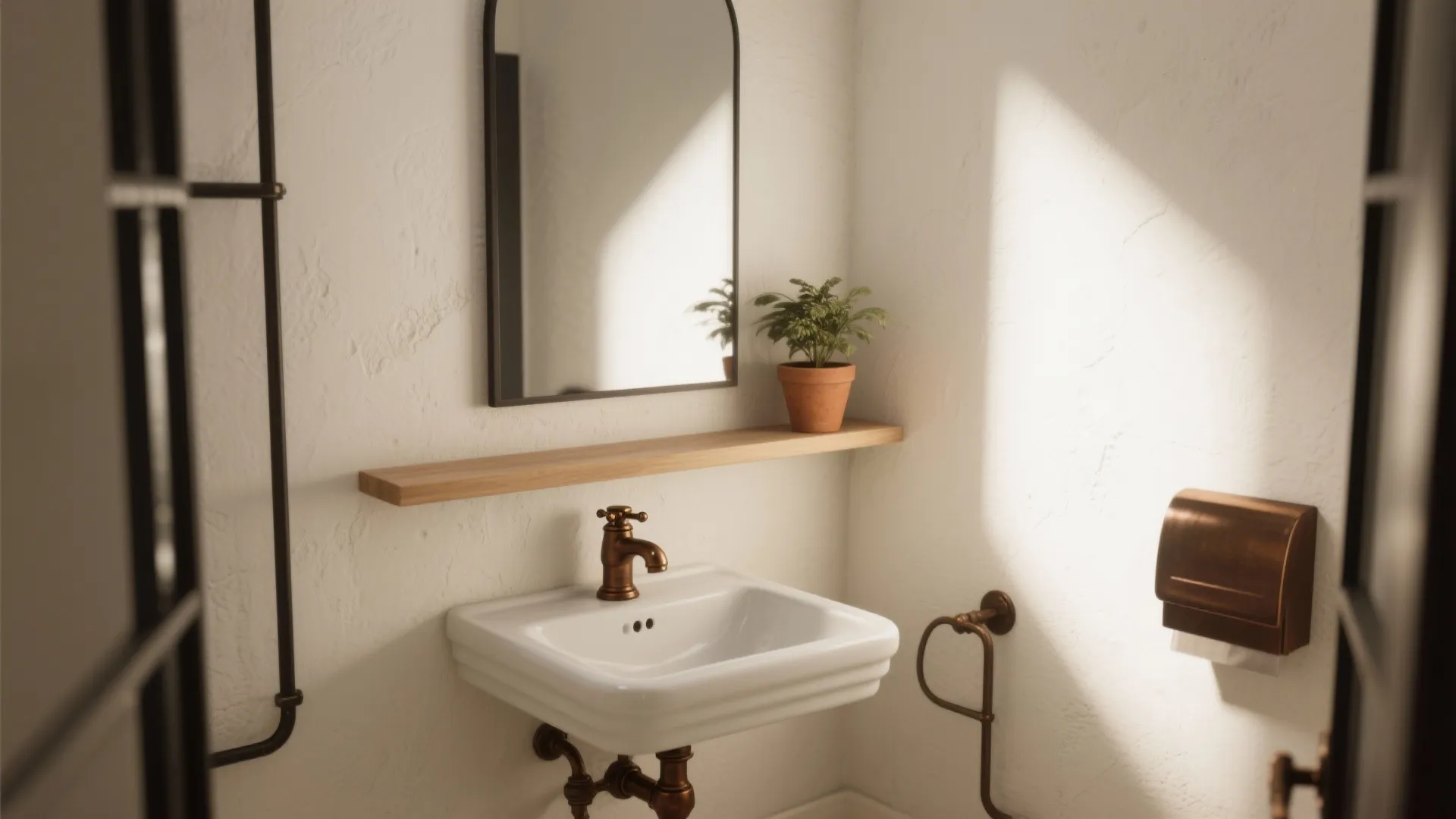 White bathroom wall featuring small sink bronze faucet wooden shelf green plant mirror and sunlight