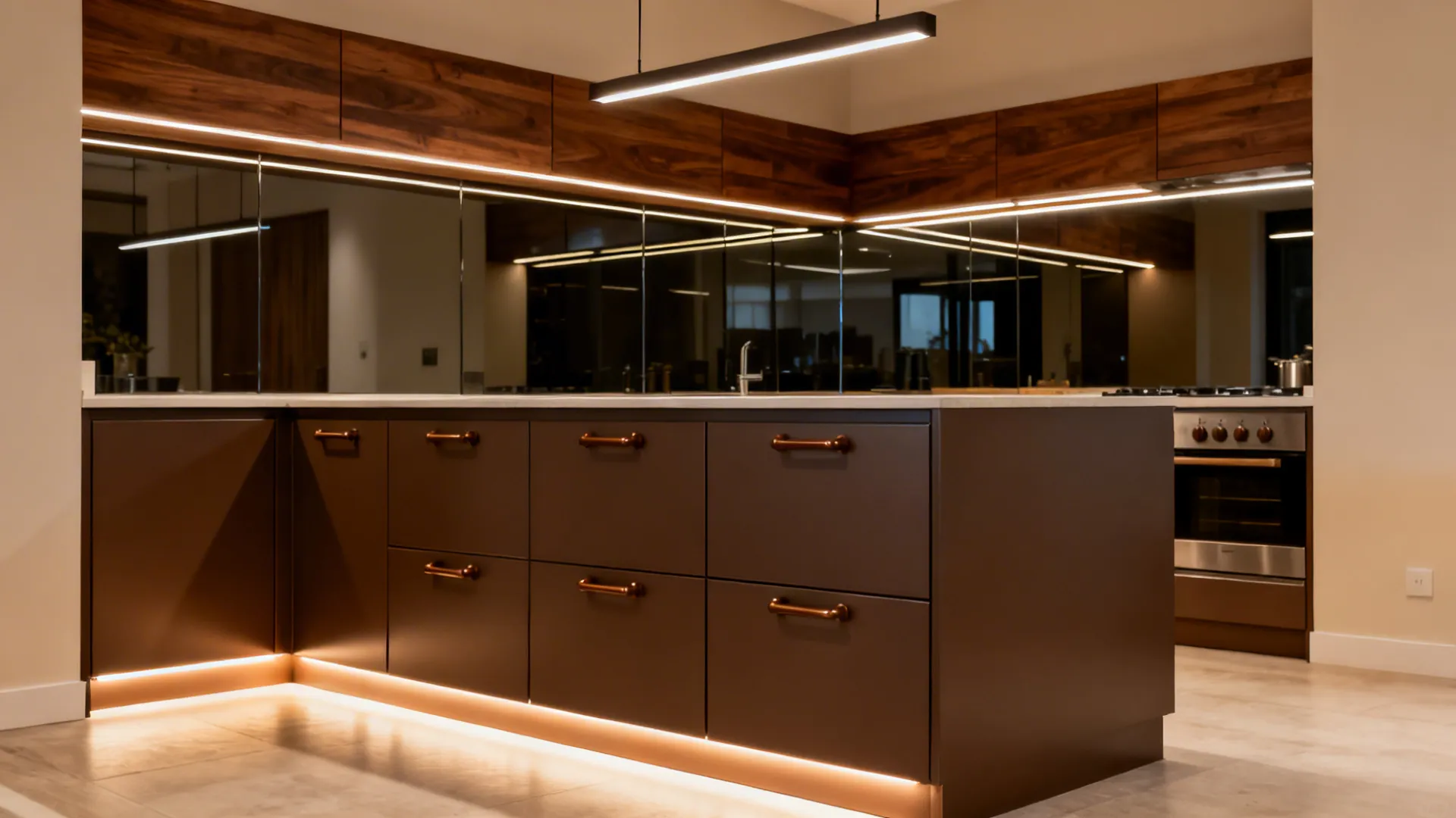 Warm Metallic Pairings: Bronze, Smoked Mirror, and LED