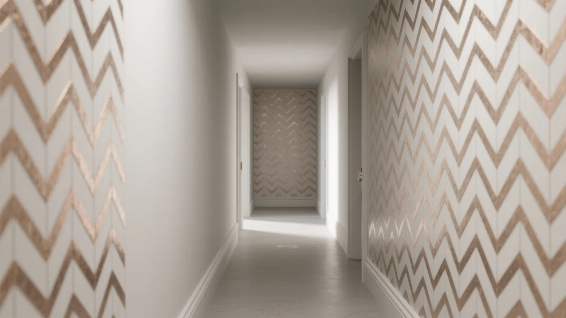 Long narrow white hallway featuring gold chevron pattern wallpaper on walls with bright light ahead