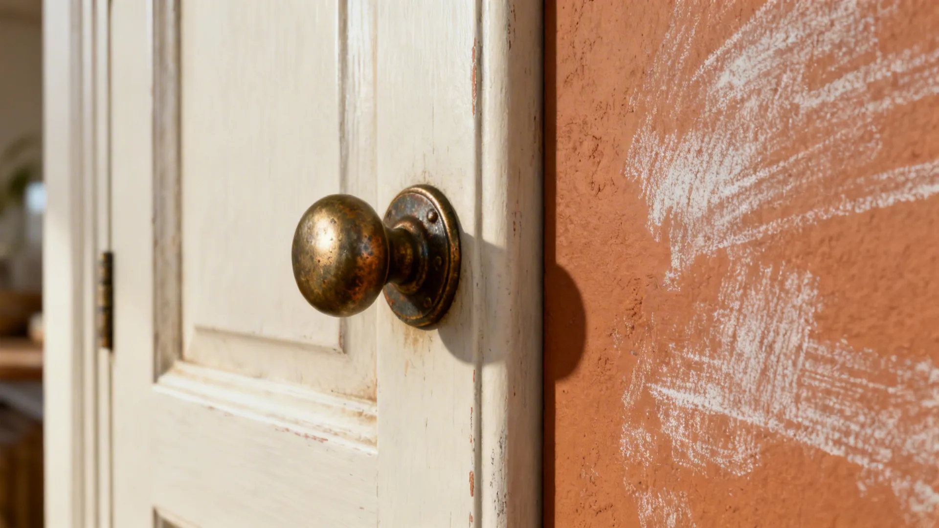 Close up of vintage bronze door knob on white wooden door next to terracotta textured wall