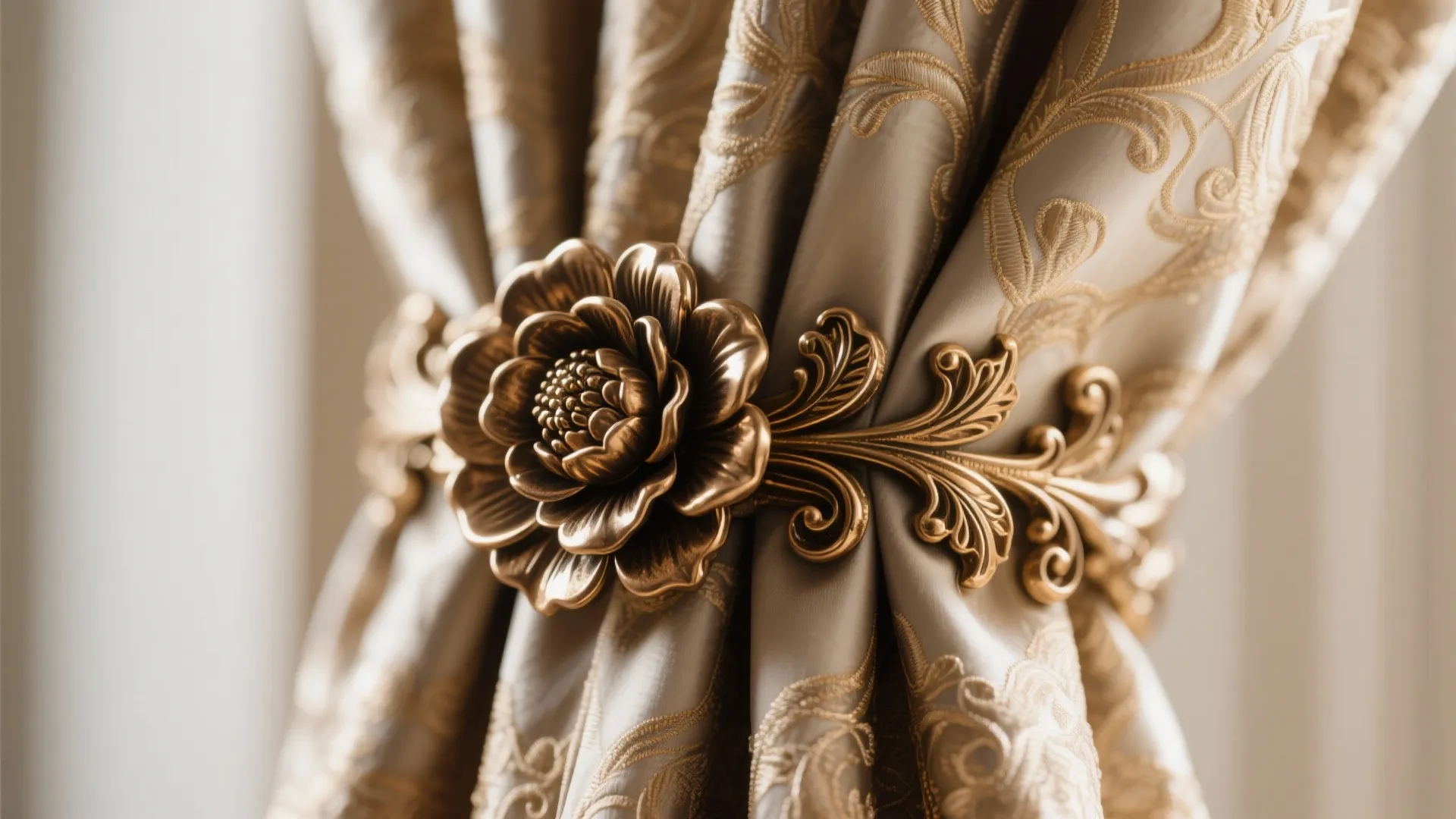 Decorative bronze flower curtain holder pulling back a patterned beige fabric curtain in a sunny room