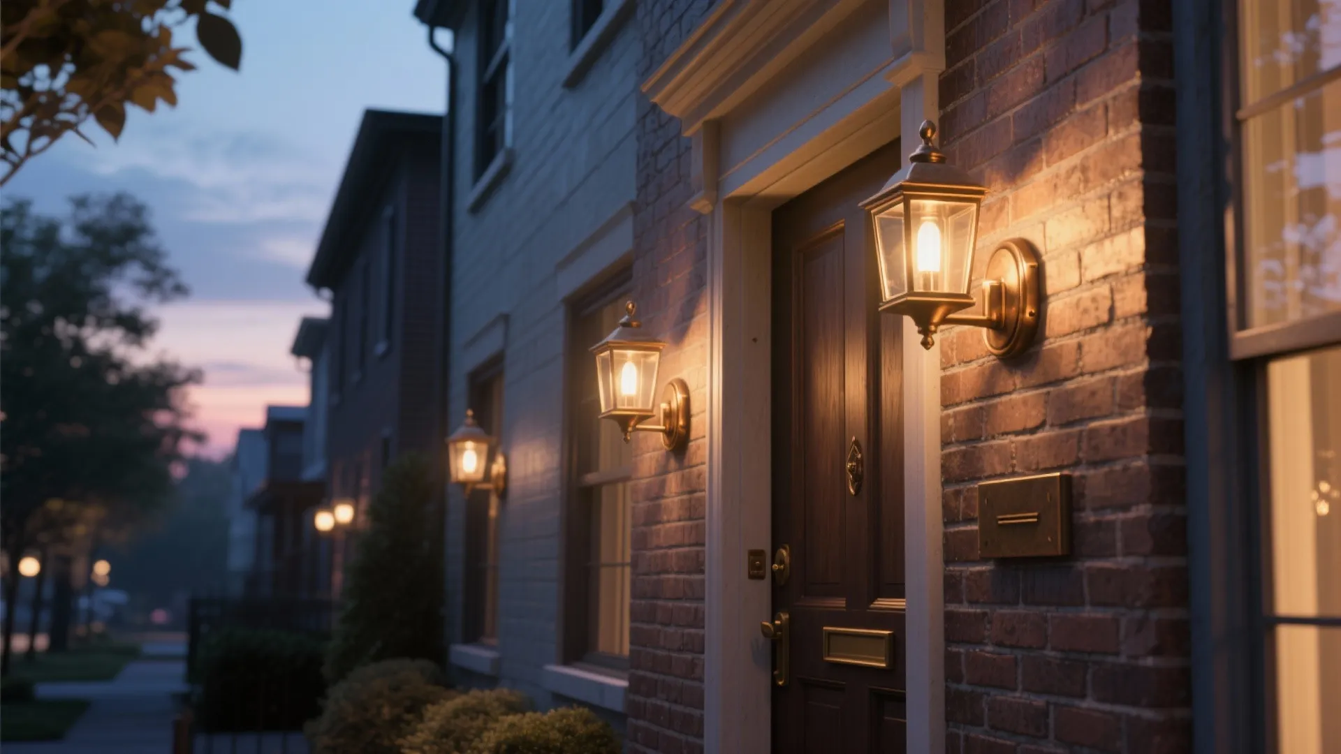 Row of brick houses at dusk with warm wall lights glowing next to front doors