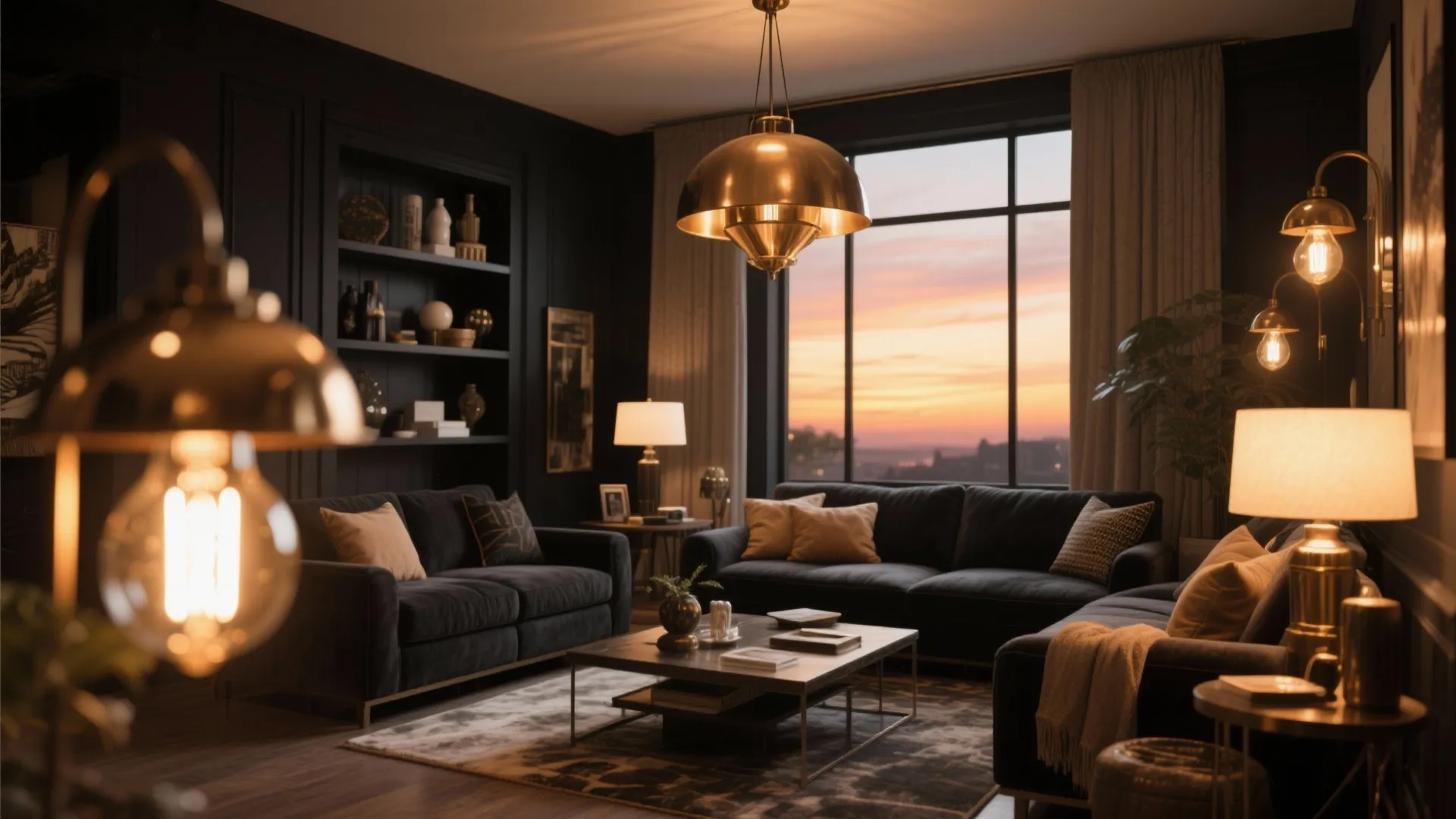 Dark living room with gold ceiling light warm wall light black sofa and sunset window