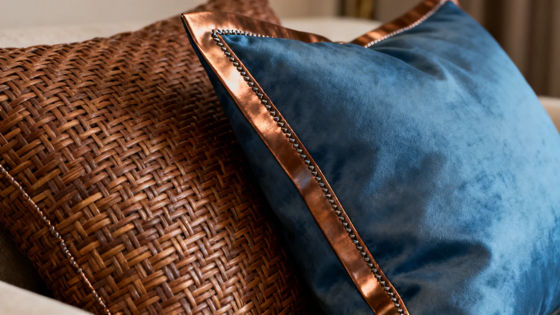 Bronze-seamed blue pillow alongside a wicker-textured brown cushion for metallic and natural contrast.