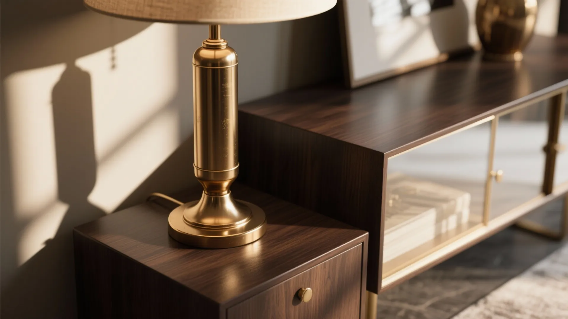 Golden table lamp sitting on a dark wood cabinet with a glass door in sunlight