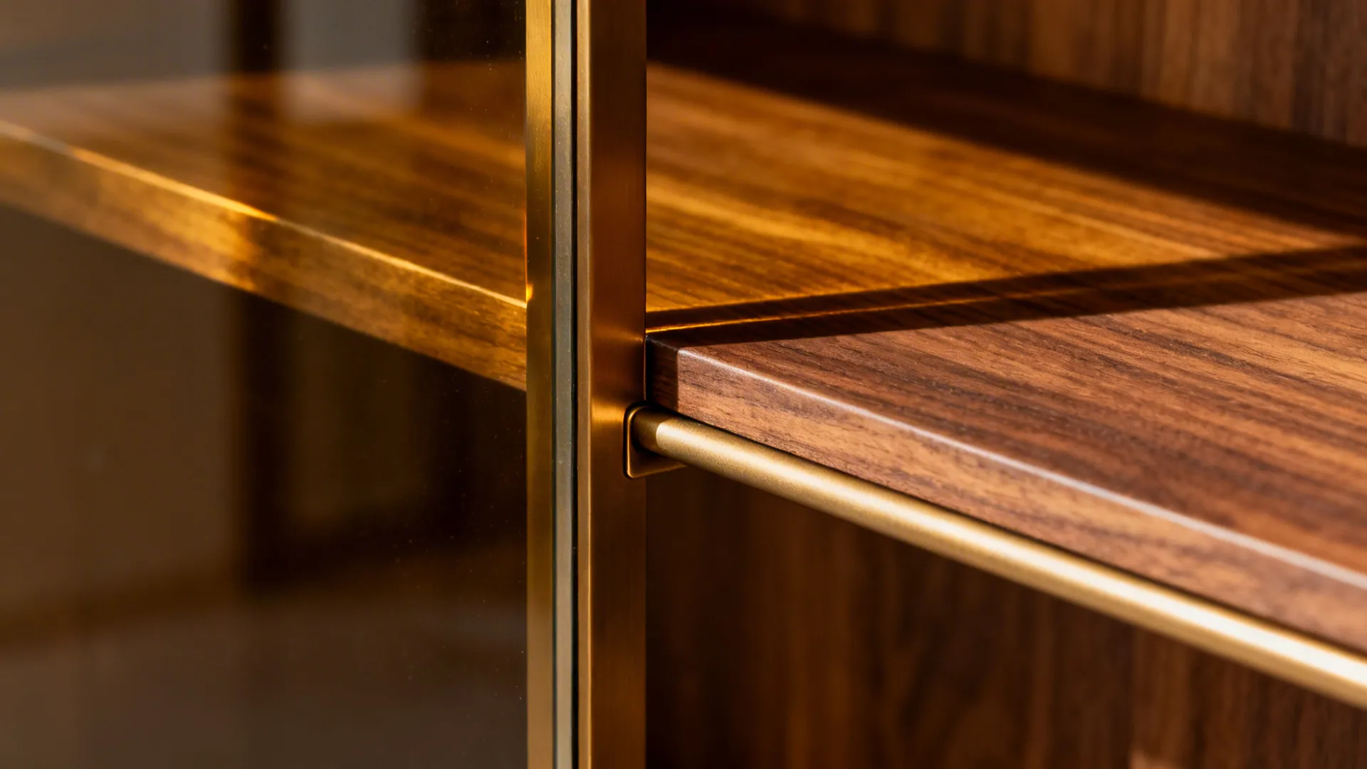 Close up of a wooden shelf with gold metal frame and glass door in cabinet