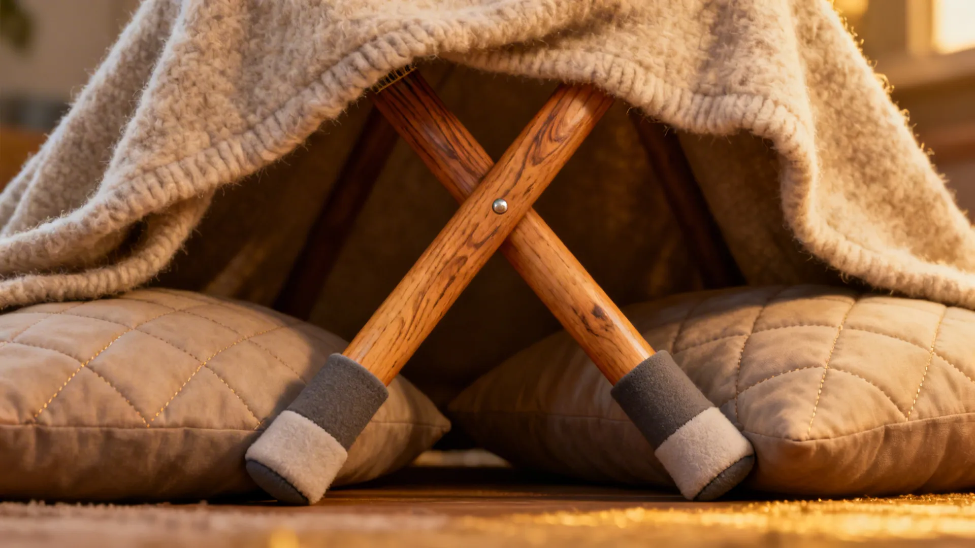 Close-up of crossed broom handles anchored under cushions forming a padded truss for a blanket fort.