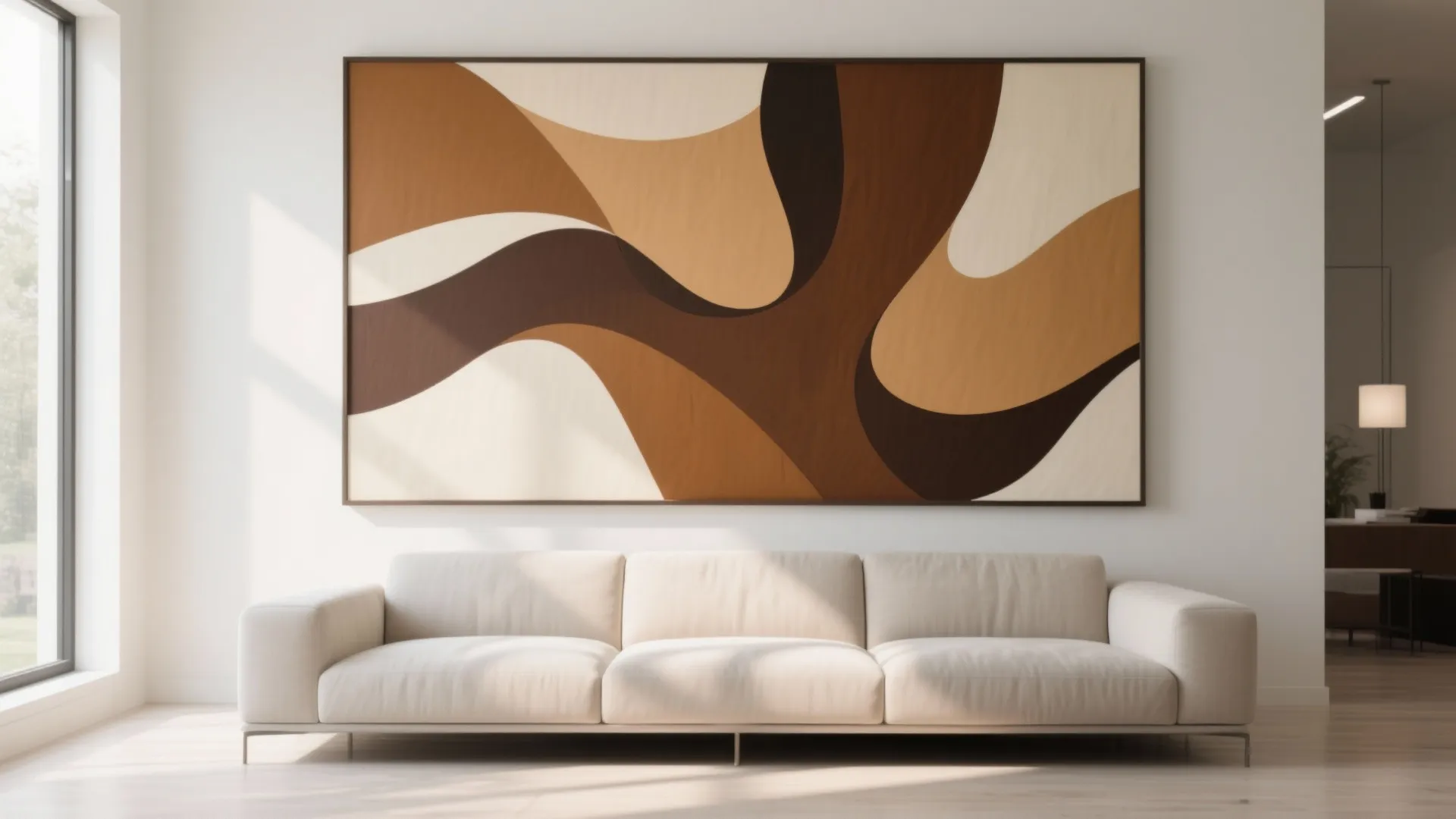Brown-toned abstract artwork above a sofa