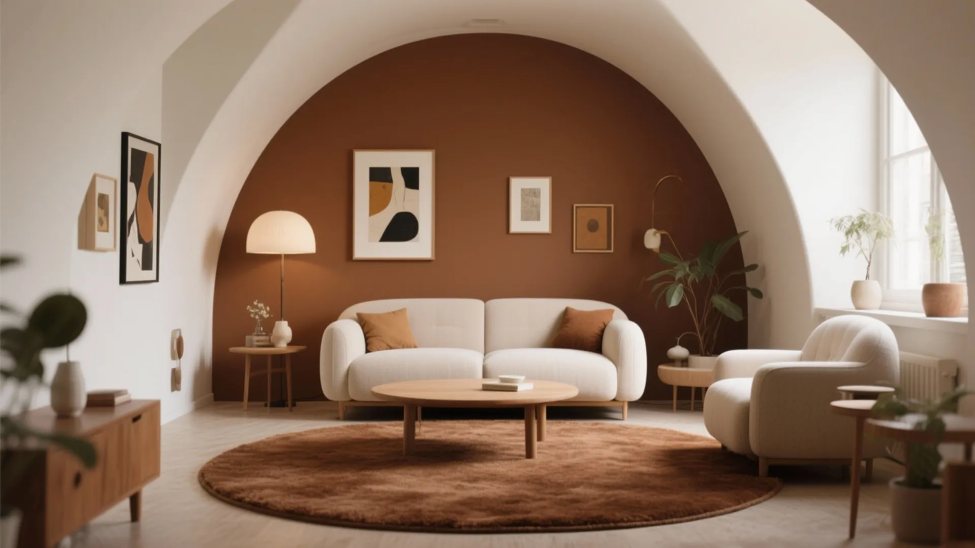 Minimalist living room with brown arched accent wall white sofa round rug and wooden coffee table