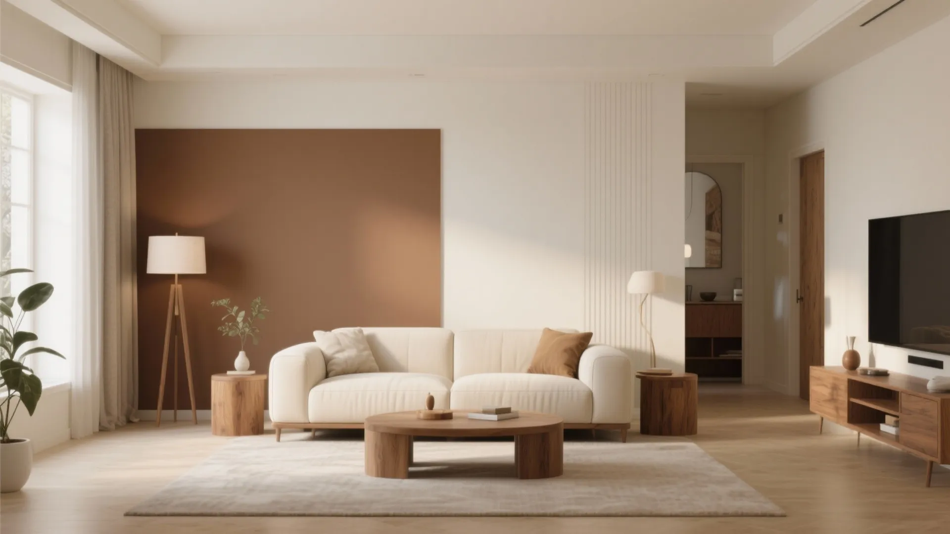 Modern living room with white sofa wooden coffee table brown accent wall and floor light fixture