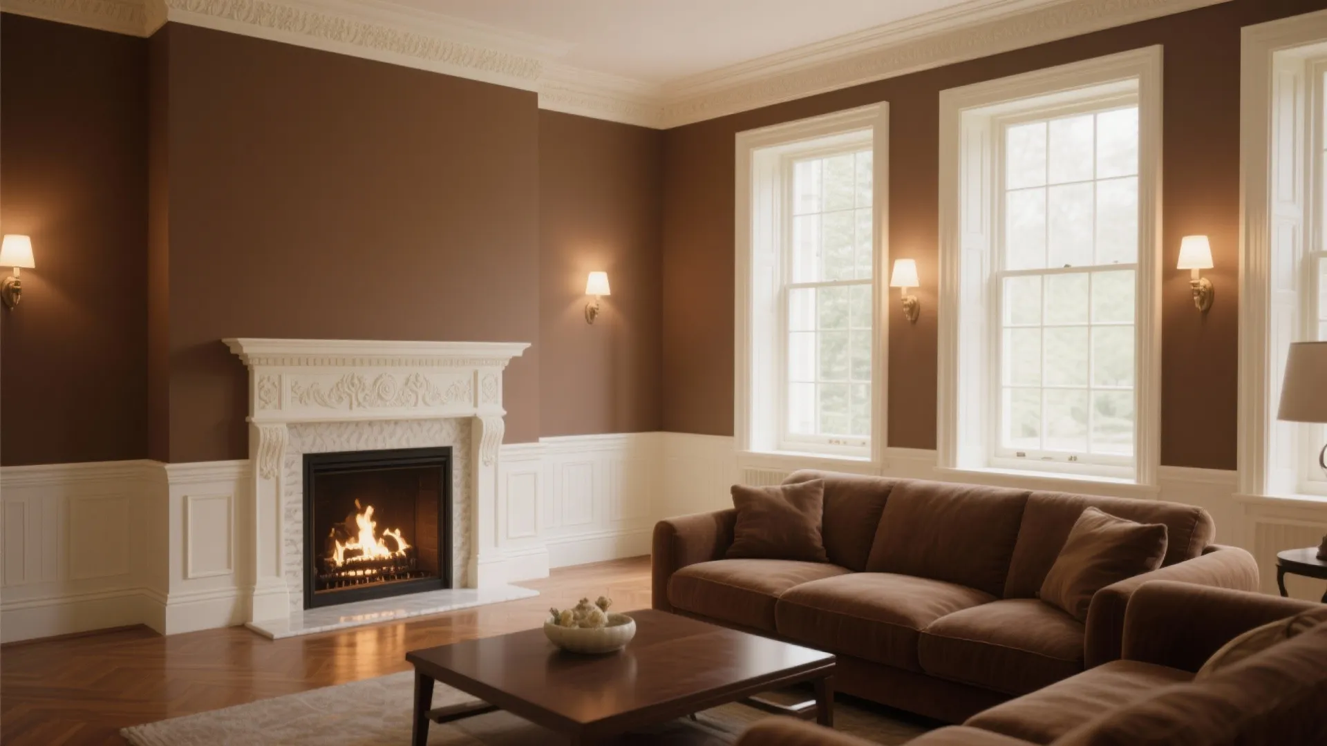 Fireplace and molding highlighted in a contrasting tone in a brown living room