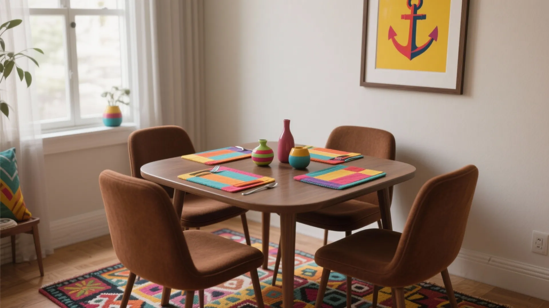 Brown dining chairs with colorful placemats and patterned rug creating a lively contrast.
