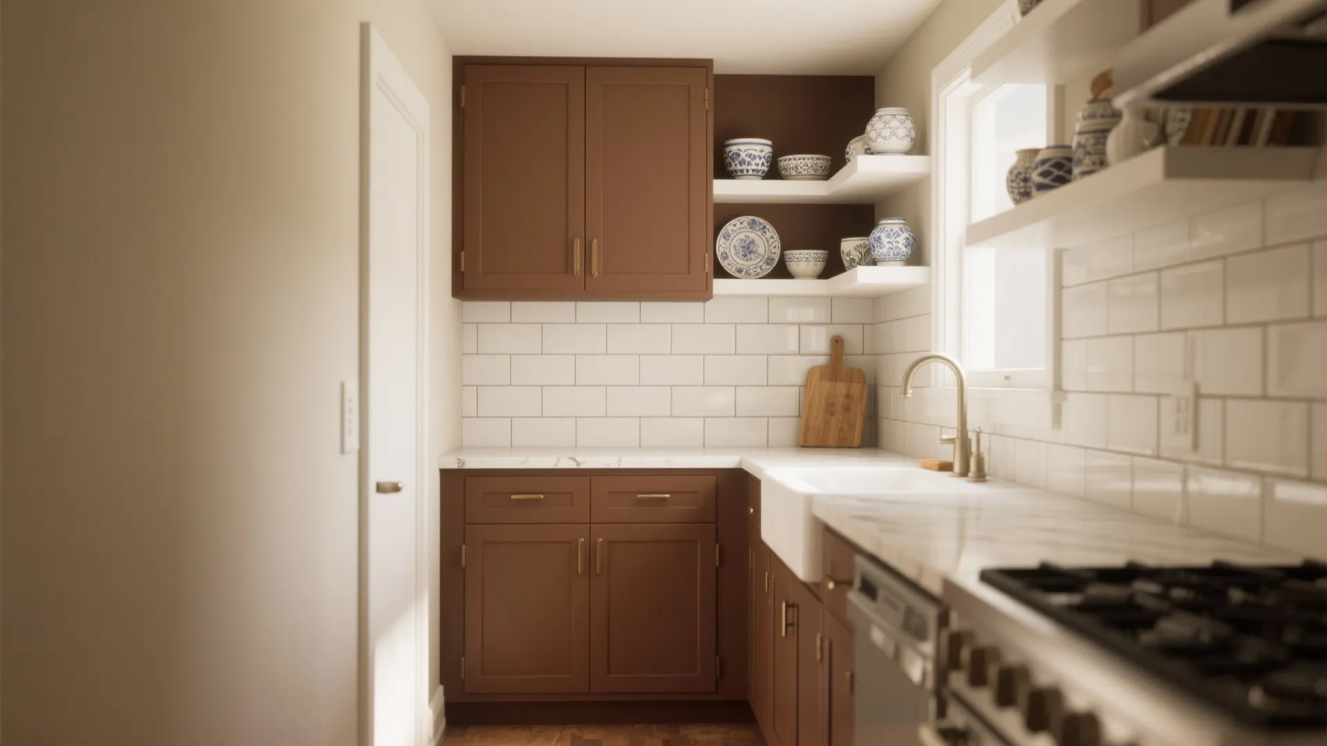 Galley kitchen with warm brown base cabinets and bright white backsplash creating depth.