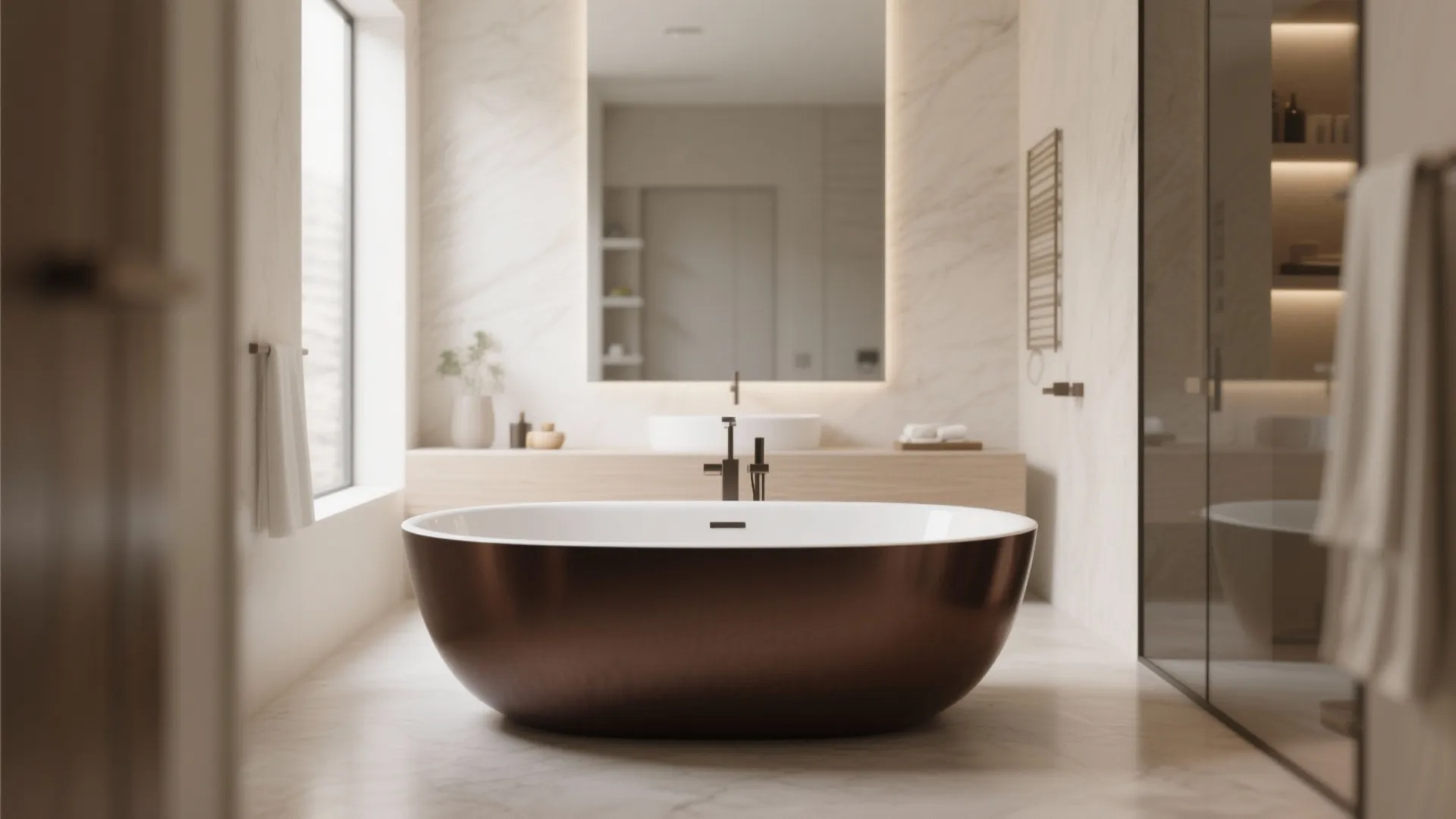 Large brown freestanding bathtub in modern bathroom with light marble walls, mirror, and natural light