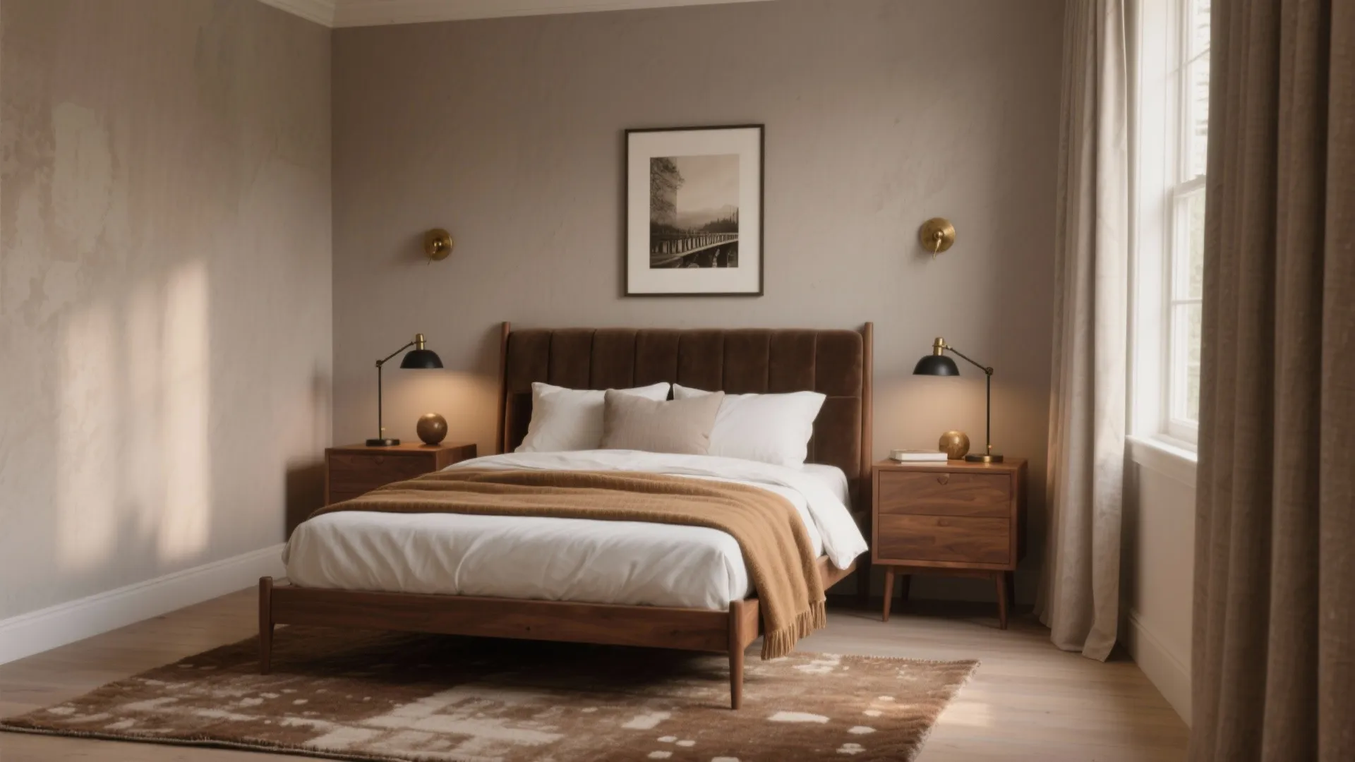 Modern bedroom featuring a brown bed frame wooden nightstands black table lamps and framed art
