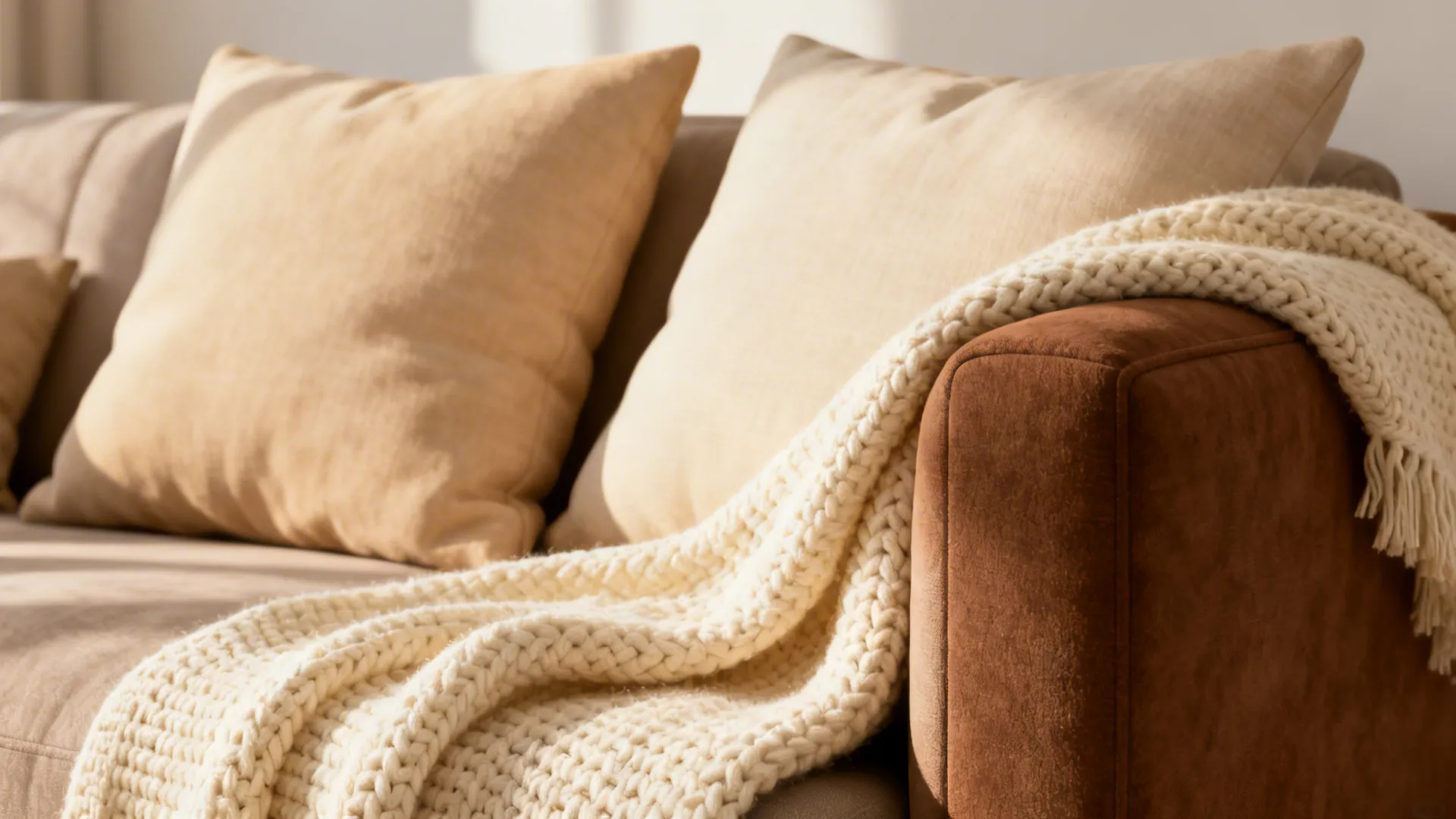 Close up of a brown sofa with beige pillows and a cream white knitted throw blanket
