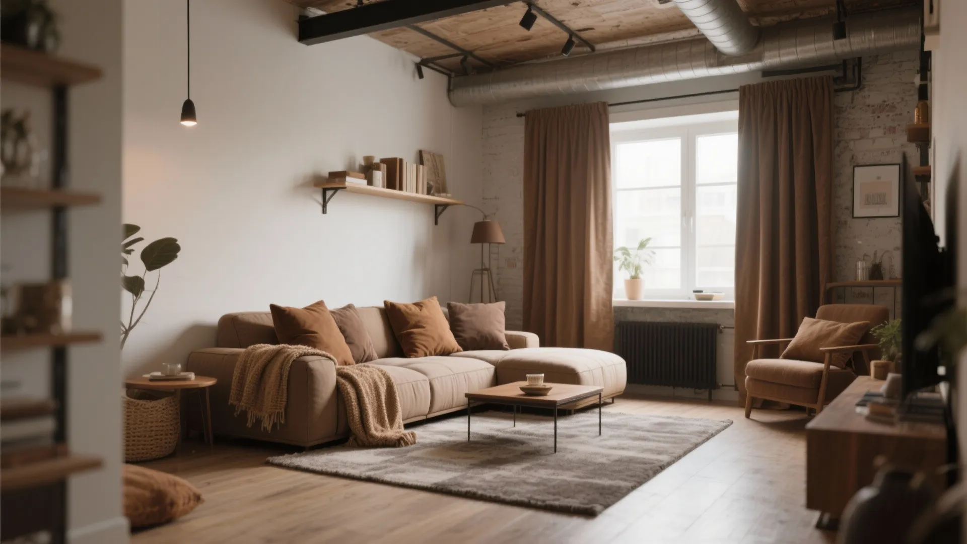 Living room with beige sofa brown pillows matching curtains wooden floor and industrial style ceiling