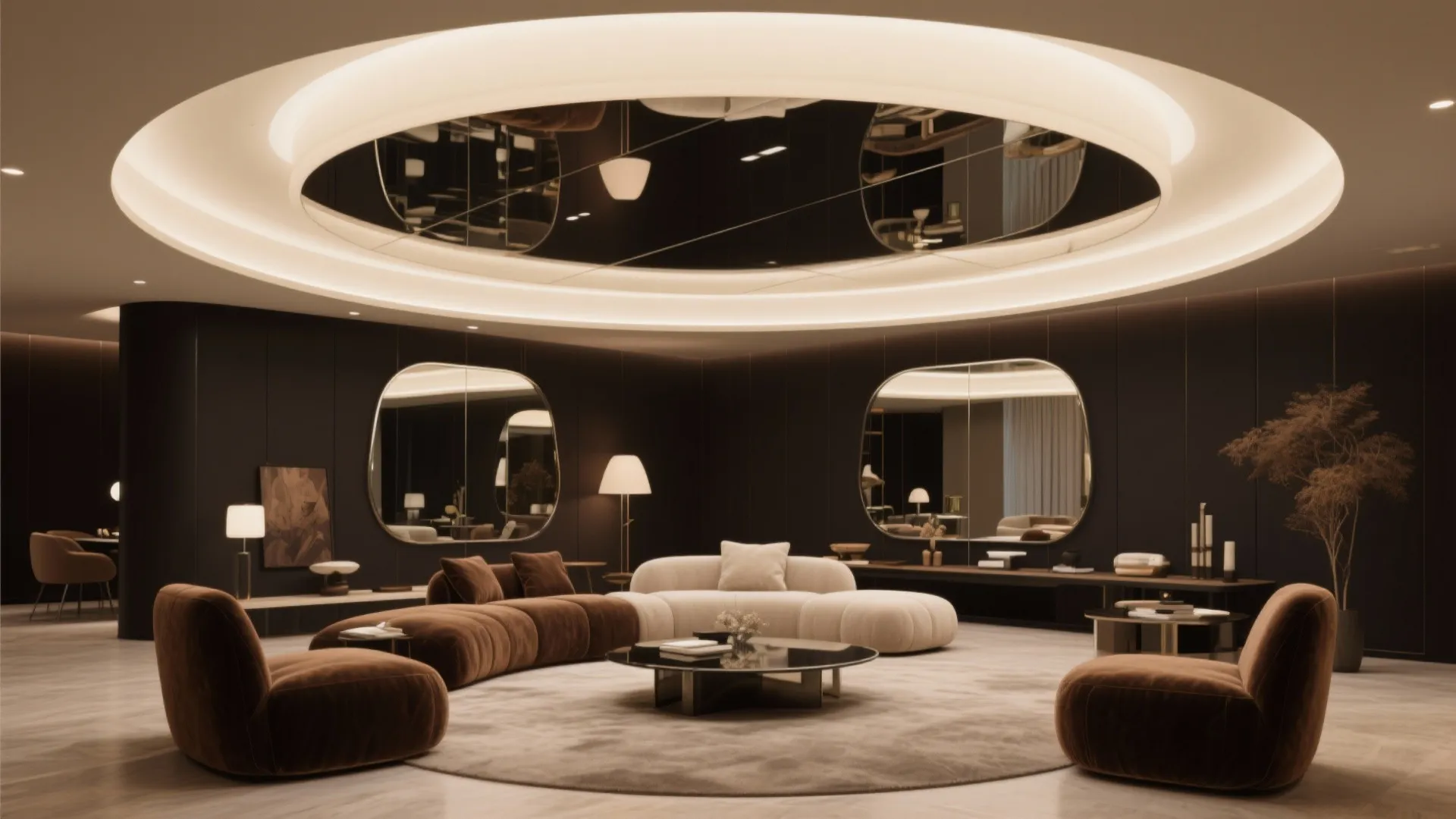 Modern cocoon-style living room with warm brown-black walls, mirrors, and a light ceiling to balance the enveloping mood.