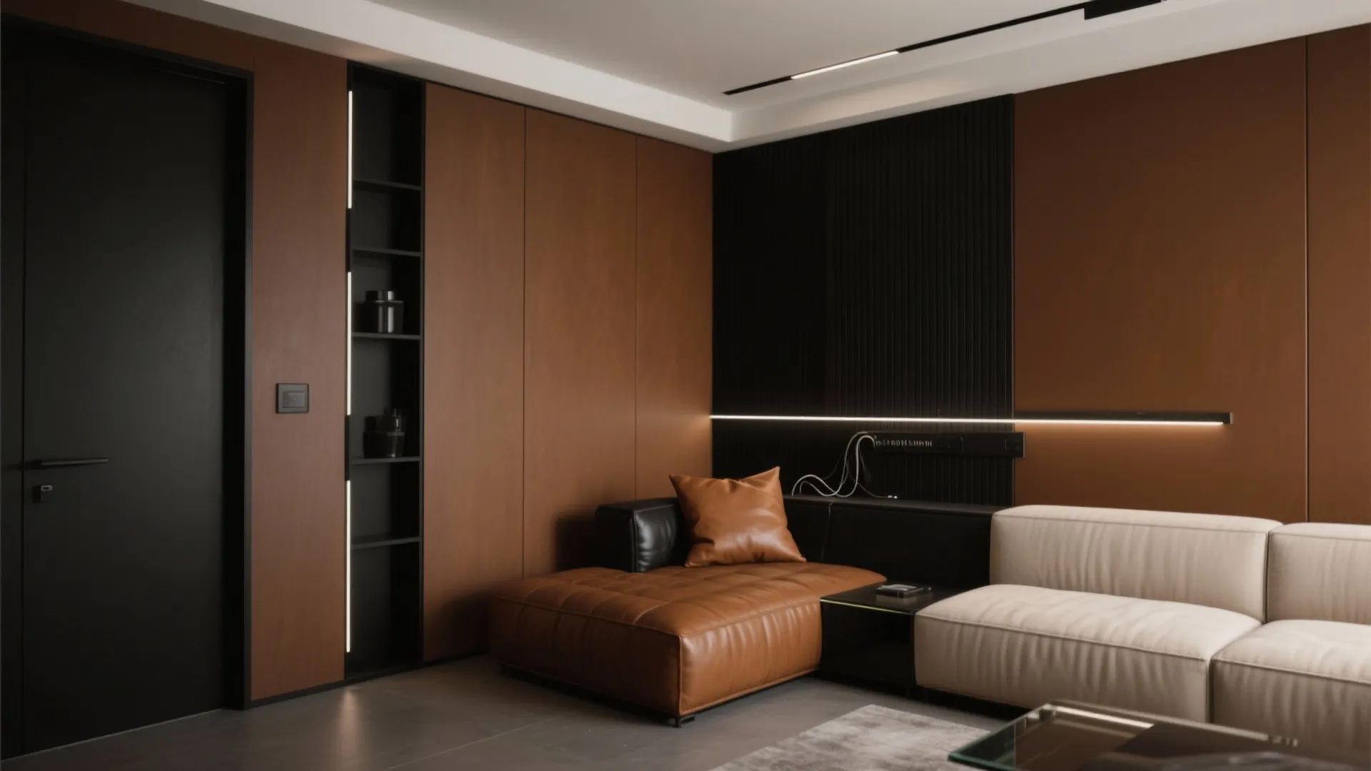 Modern living room with brown leather sofa white couch black wall panel and wood cabinet