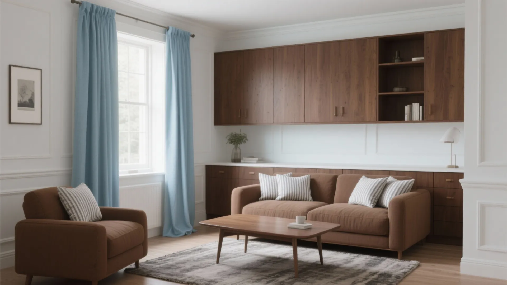 Bright living room featuring brown sofa coffee table blue curtains and wooden storage wall panel design