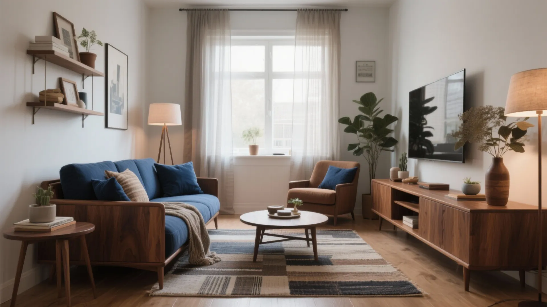 Cozy living room with blue sofa wooden coffee table television cabinet and large bright window view