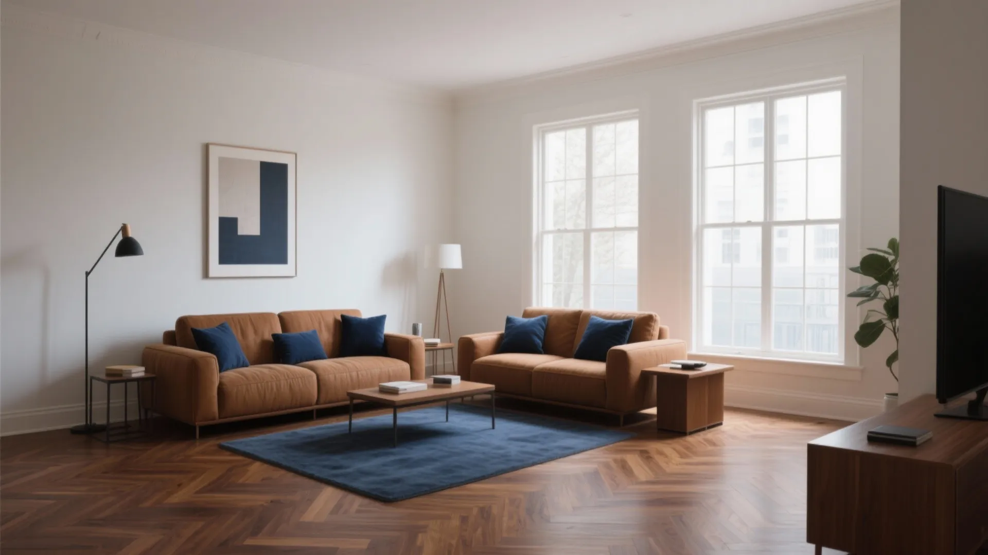 Spacious living room with brown sofas blue rug wooden floor wall light and large white windows