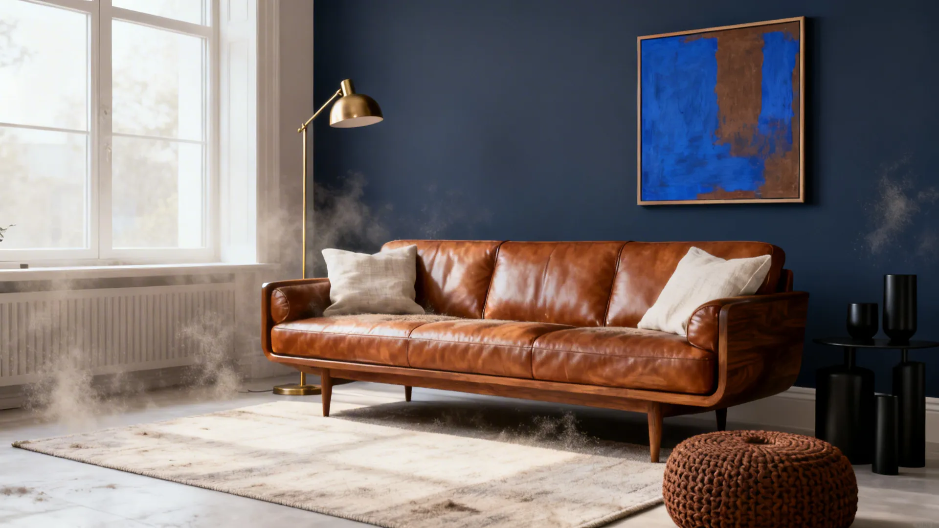 Brown leather sofa in a dark blue room with gold floor lamp and brown footrest