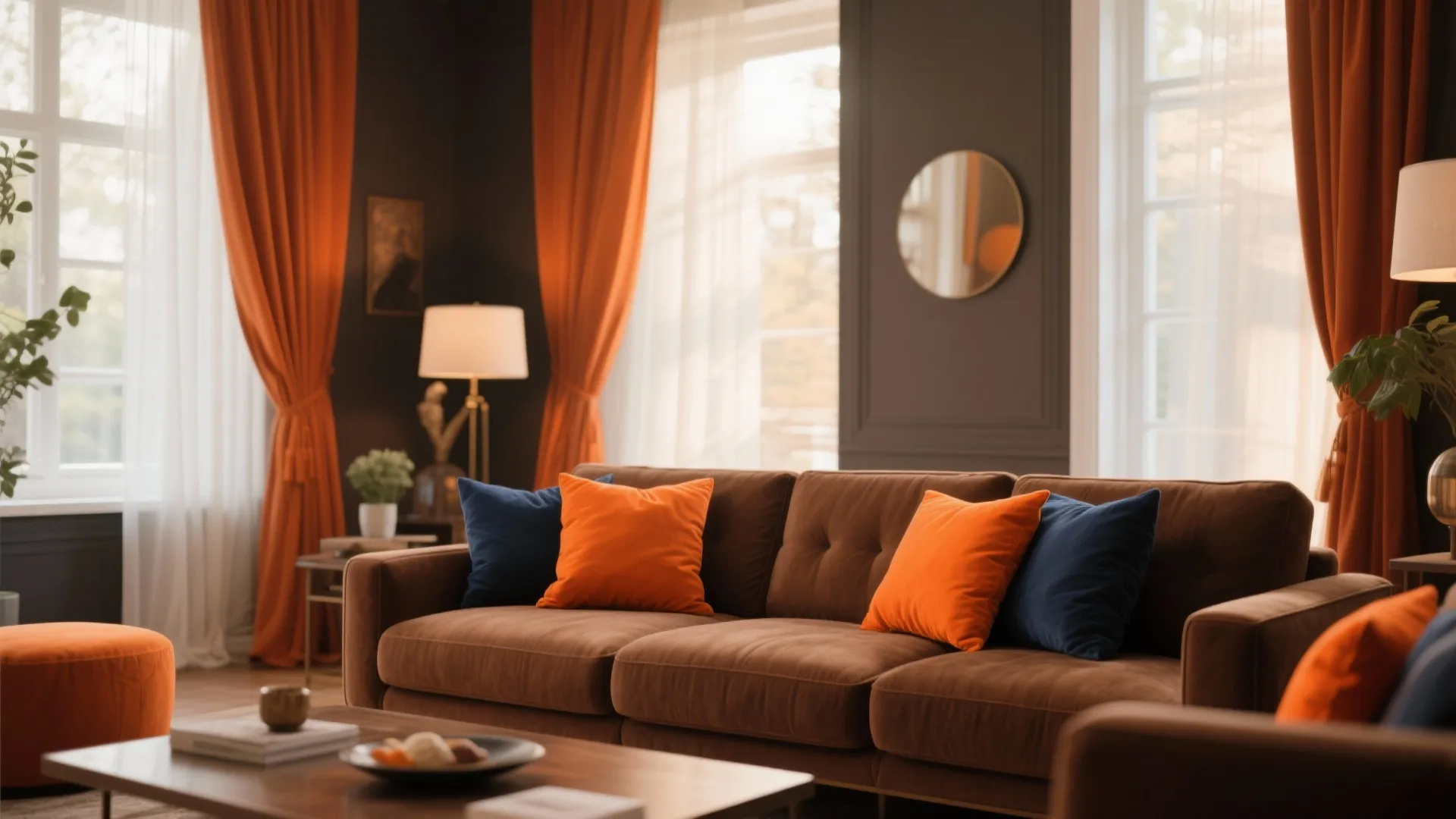 Burnt orange and navy cushions on a chocolate brown sofa