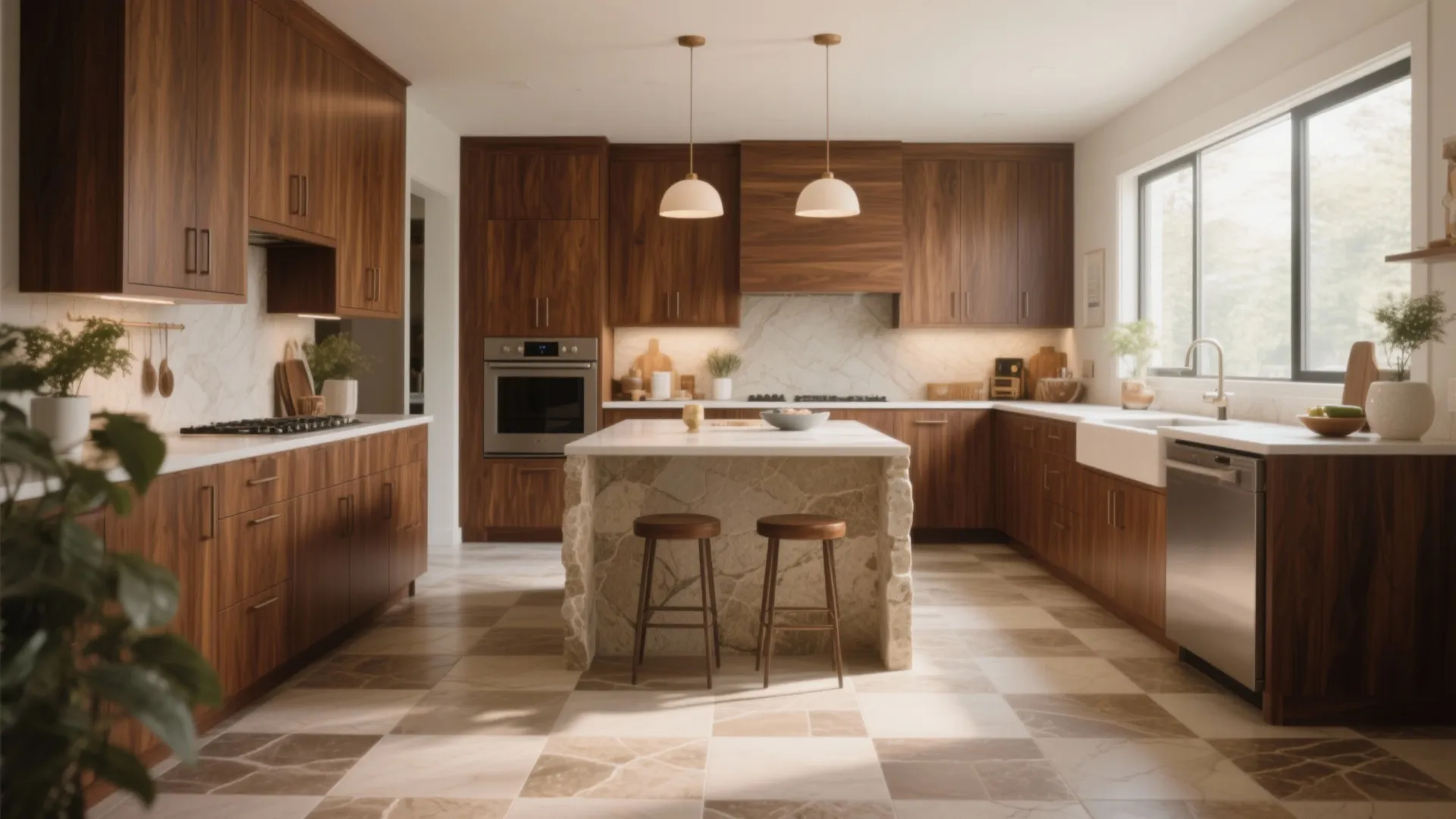 Modern kitchen with brown wood cabinets stone island two bar stools hanging lights and large windows