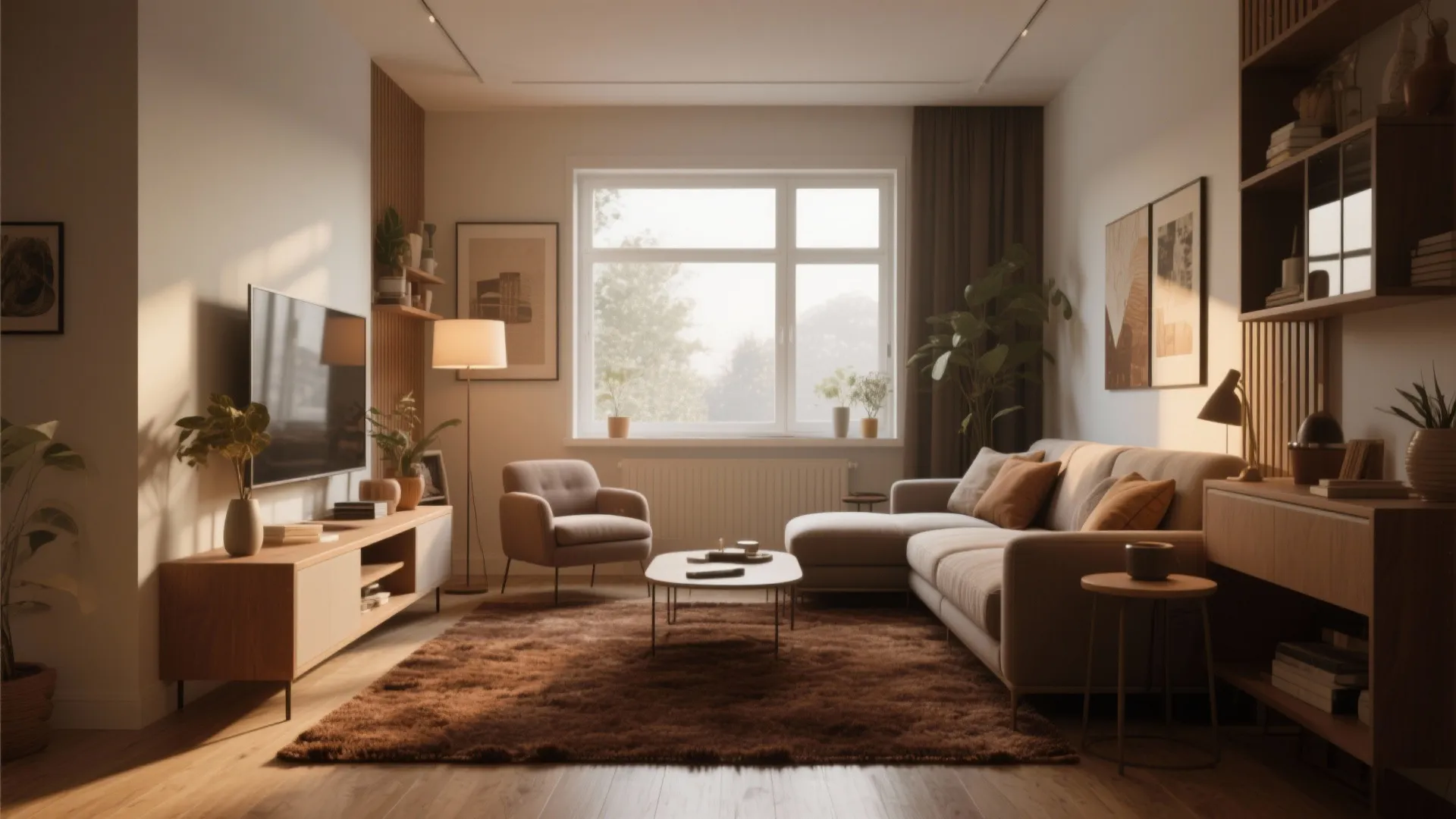 Modern living room with brown rug wooden cabinet television light grey sofa and large window