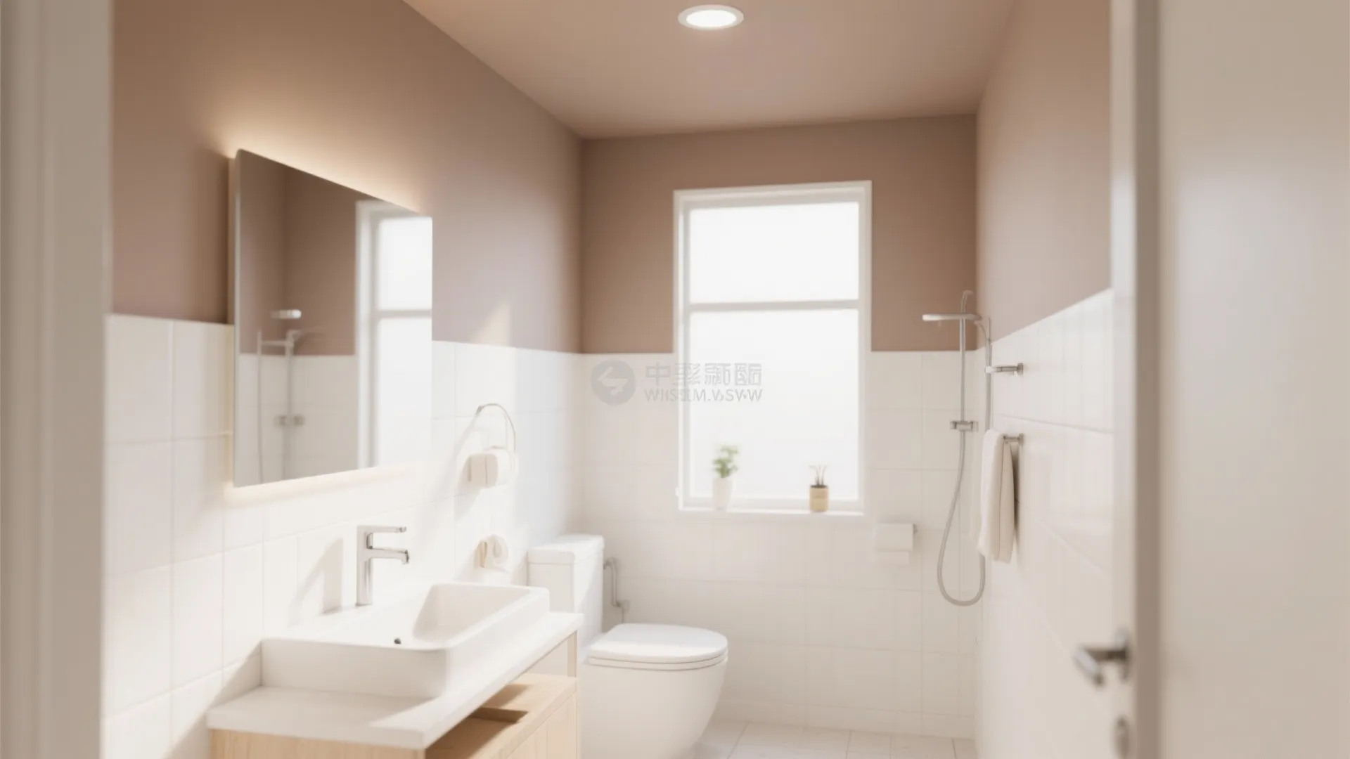 Small modern bathroom featuring white wall tiles beige paint sink toilet shower and natural light