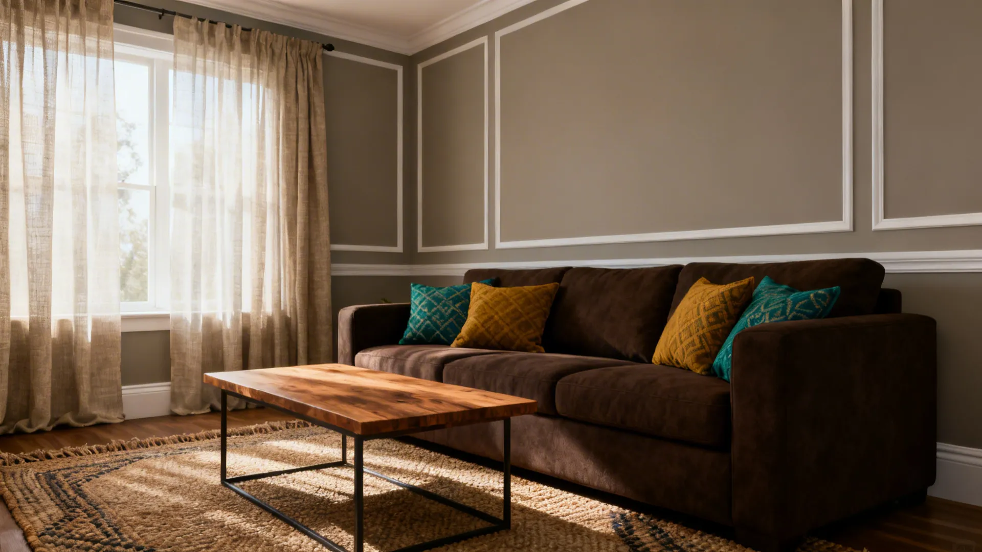 Brown sofa with pillows and wooden coffee table near window with curtains and wall panel