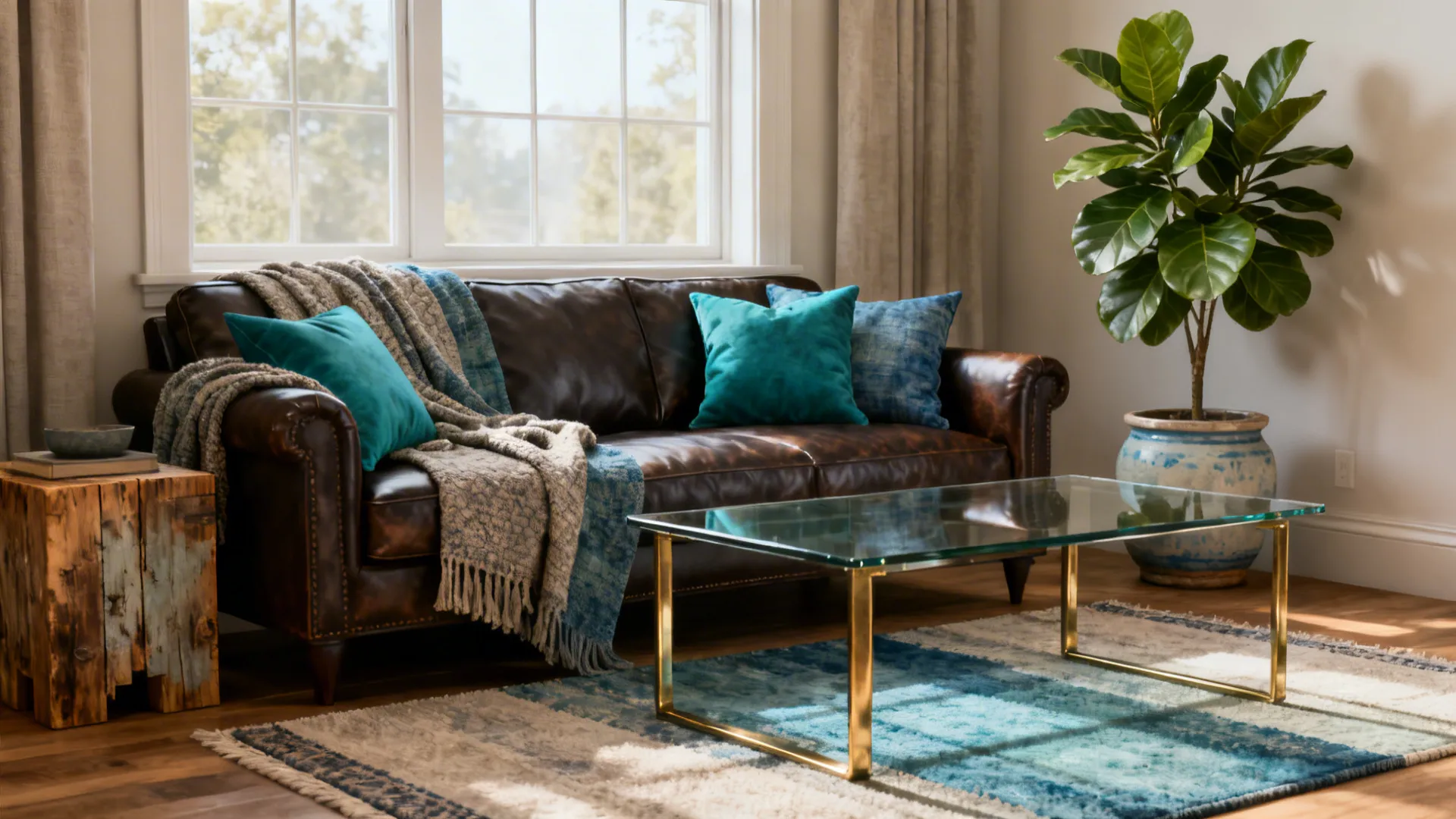 Living room with a brown leather sofa blue pillows glass coffee table and large green plant