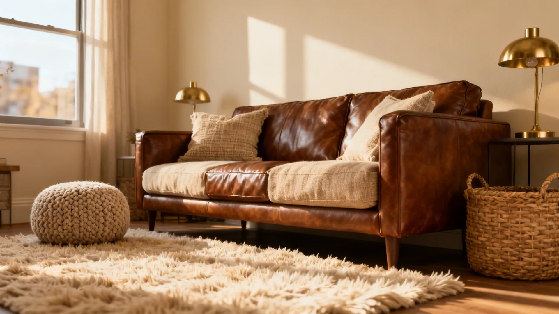 Brown leather sofa with pillows knit footrest shaggy rug gold table lamps and sunny window