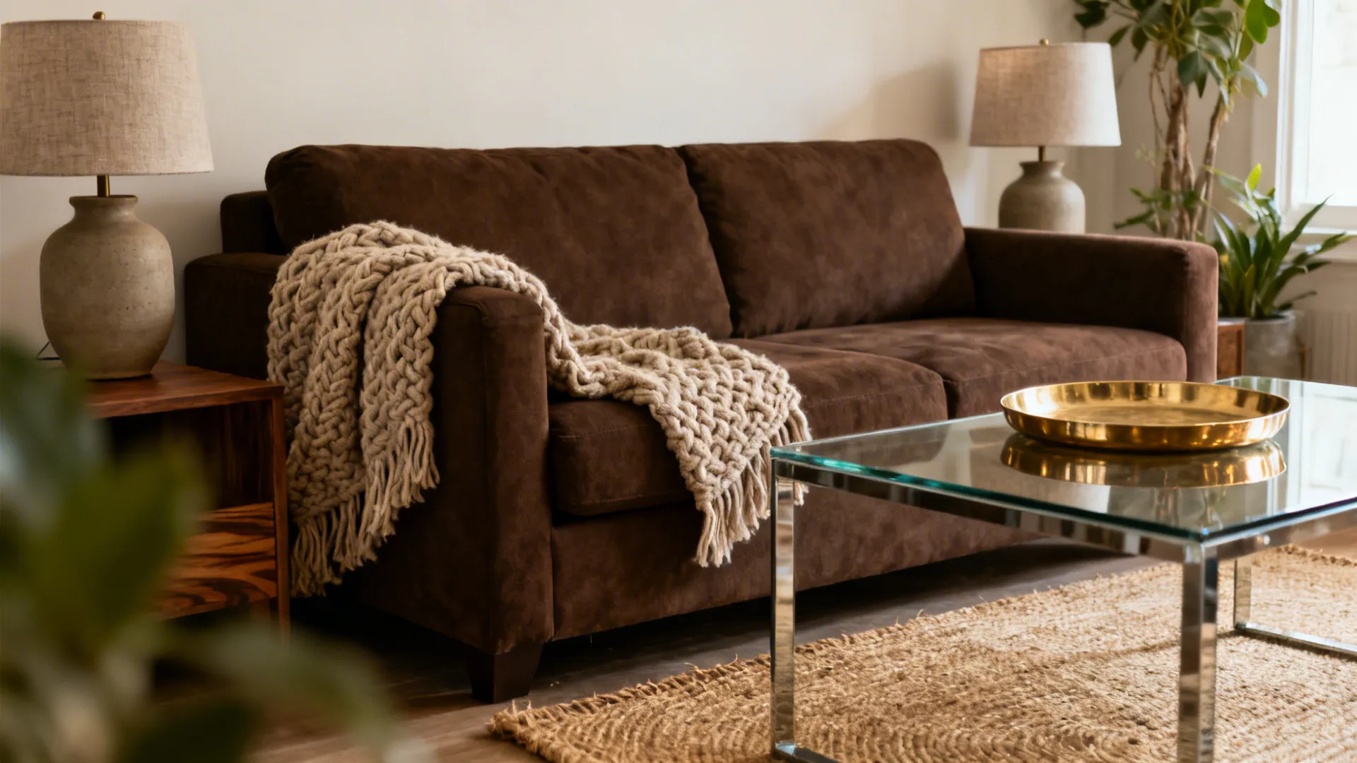 5 Living Room Ideas with a Brown Couch: Creative small-space living room designs centered around a brown couch — practical, stylish, and budget-aware