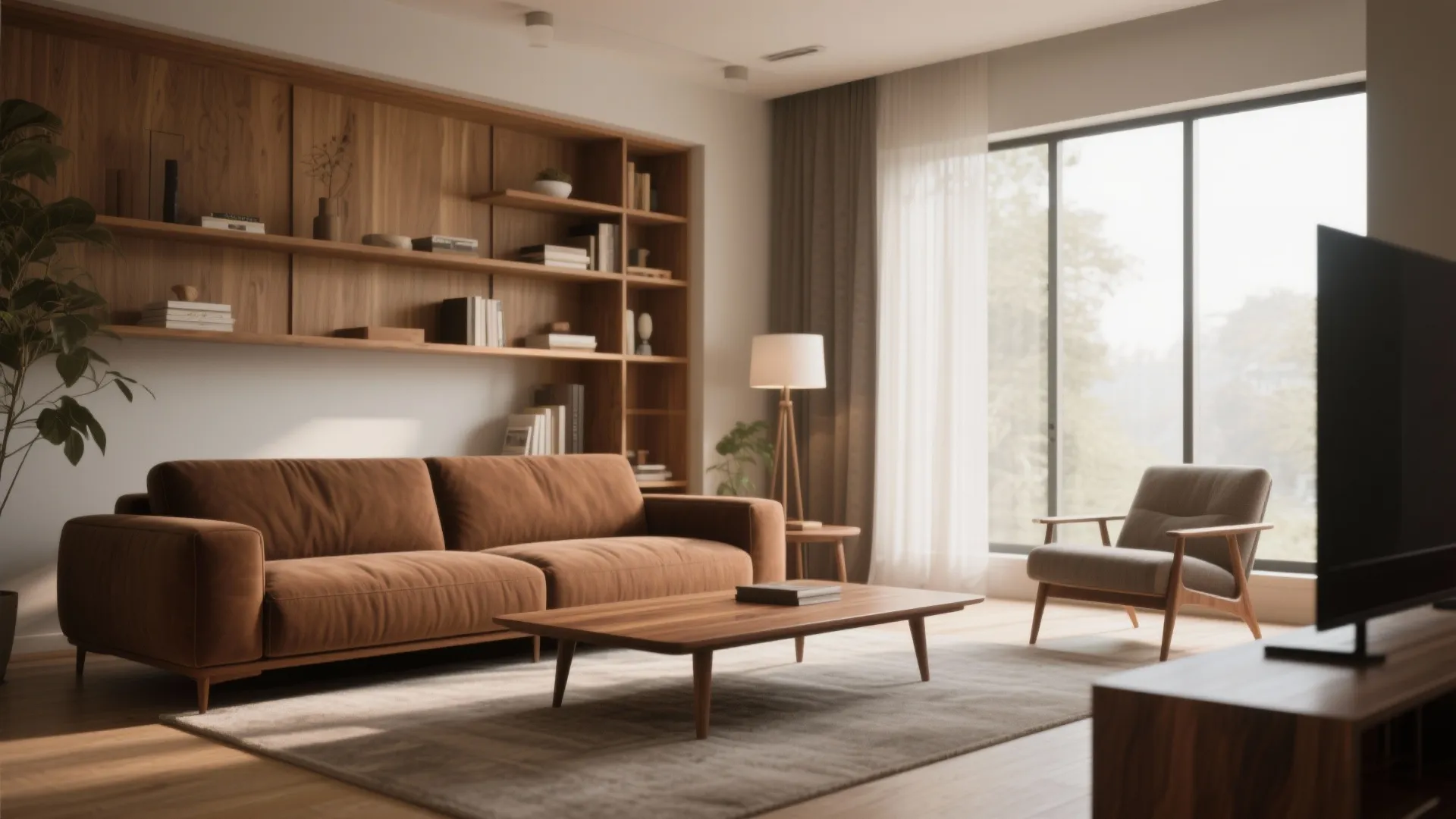 Brown sofa with walnut coffee table and oak shelves