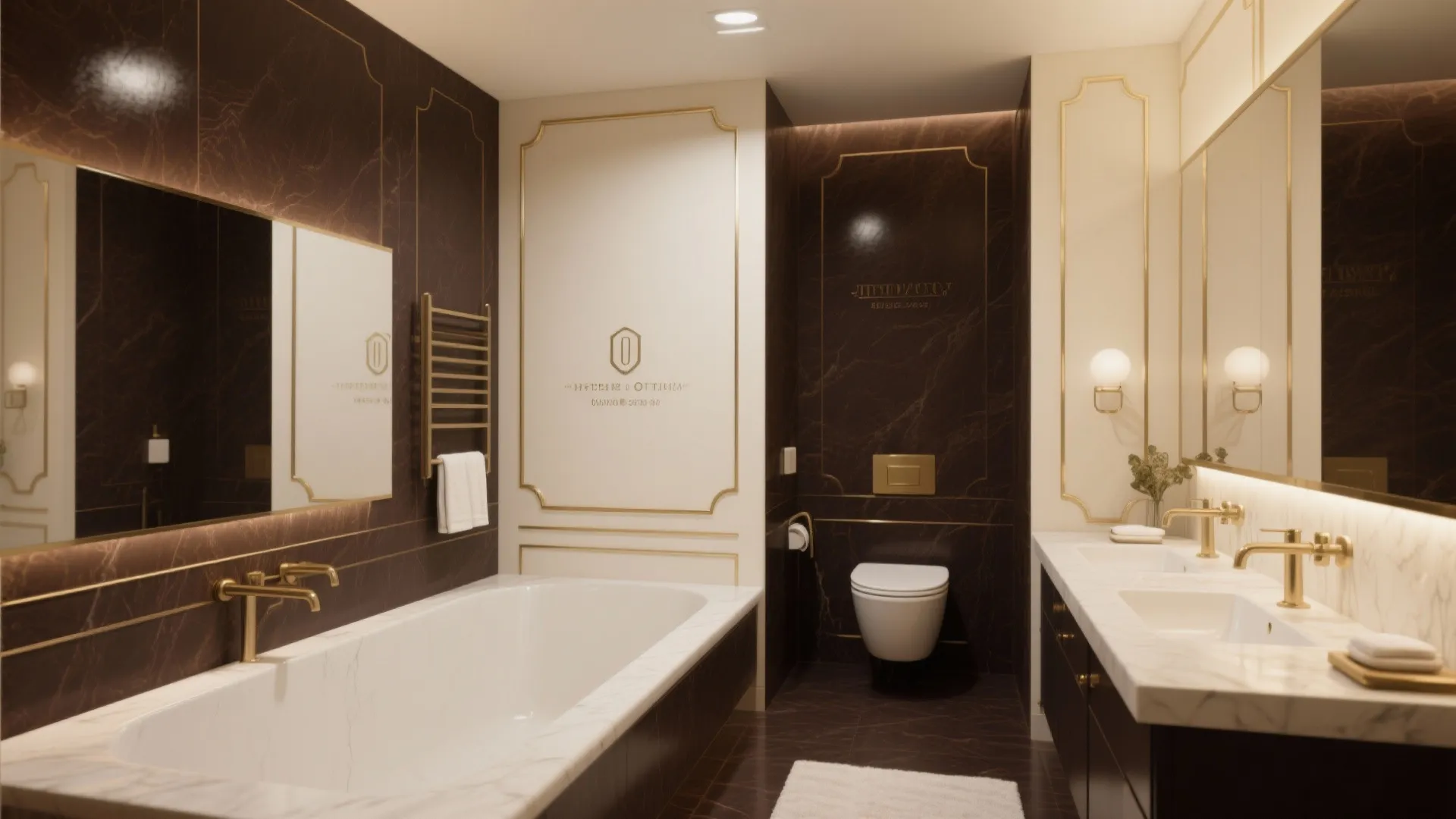 Luxury bathroom interior with dark marble walls white bathtub gold wall lights and double sink vanity