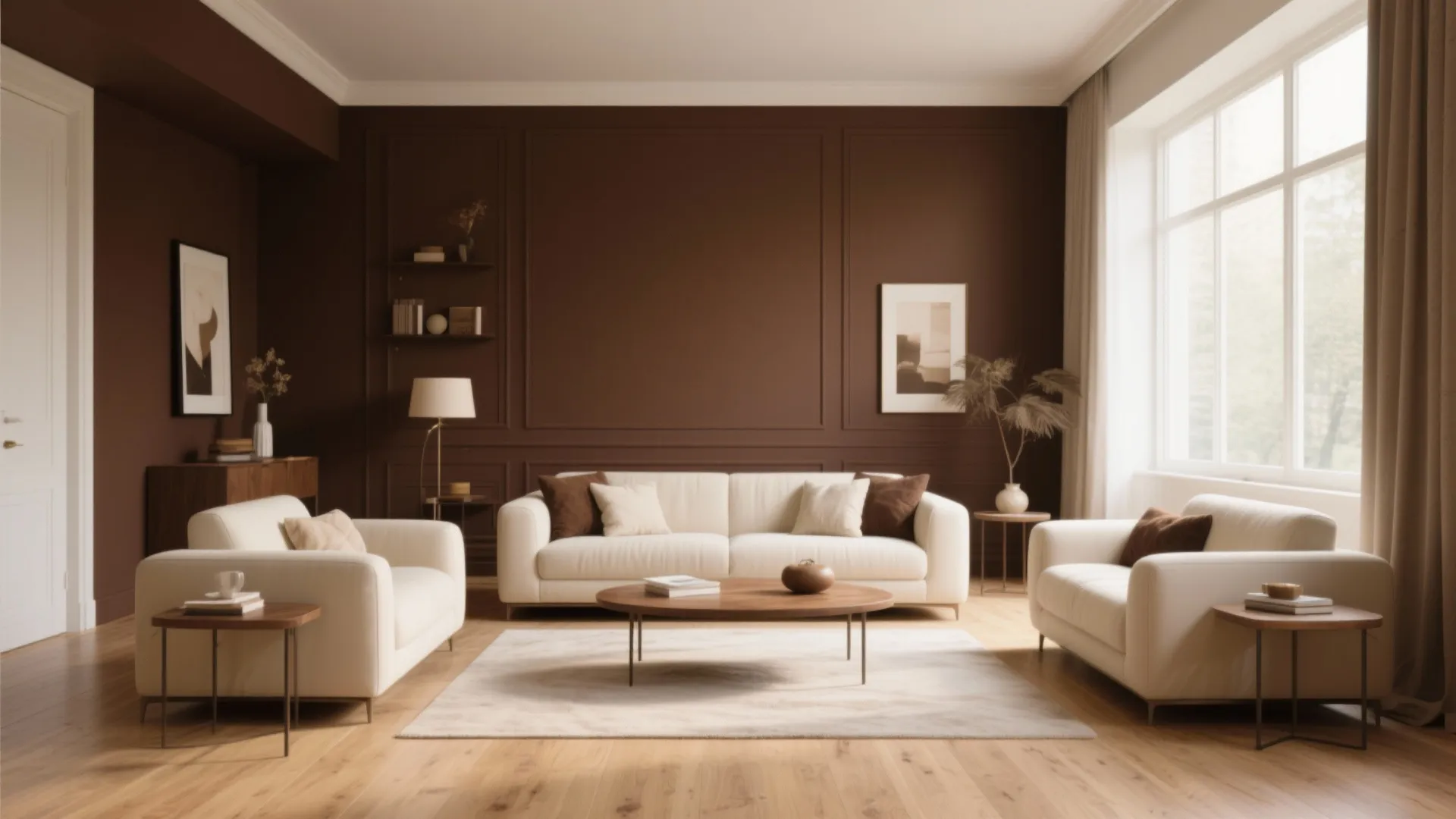Living room with brown wall panel white sofas wooden coffee table and a large window